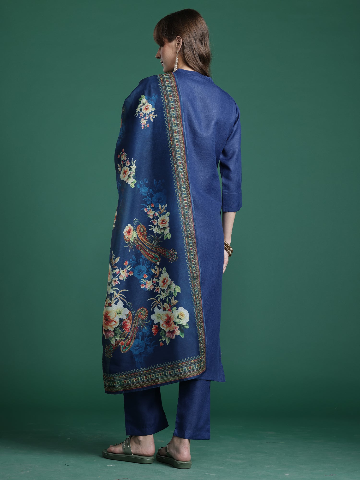 Indo era Blue Embroidered Straight Kurta Trousers With Dupatta Set- IE