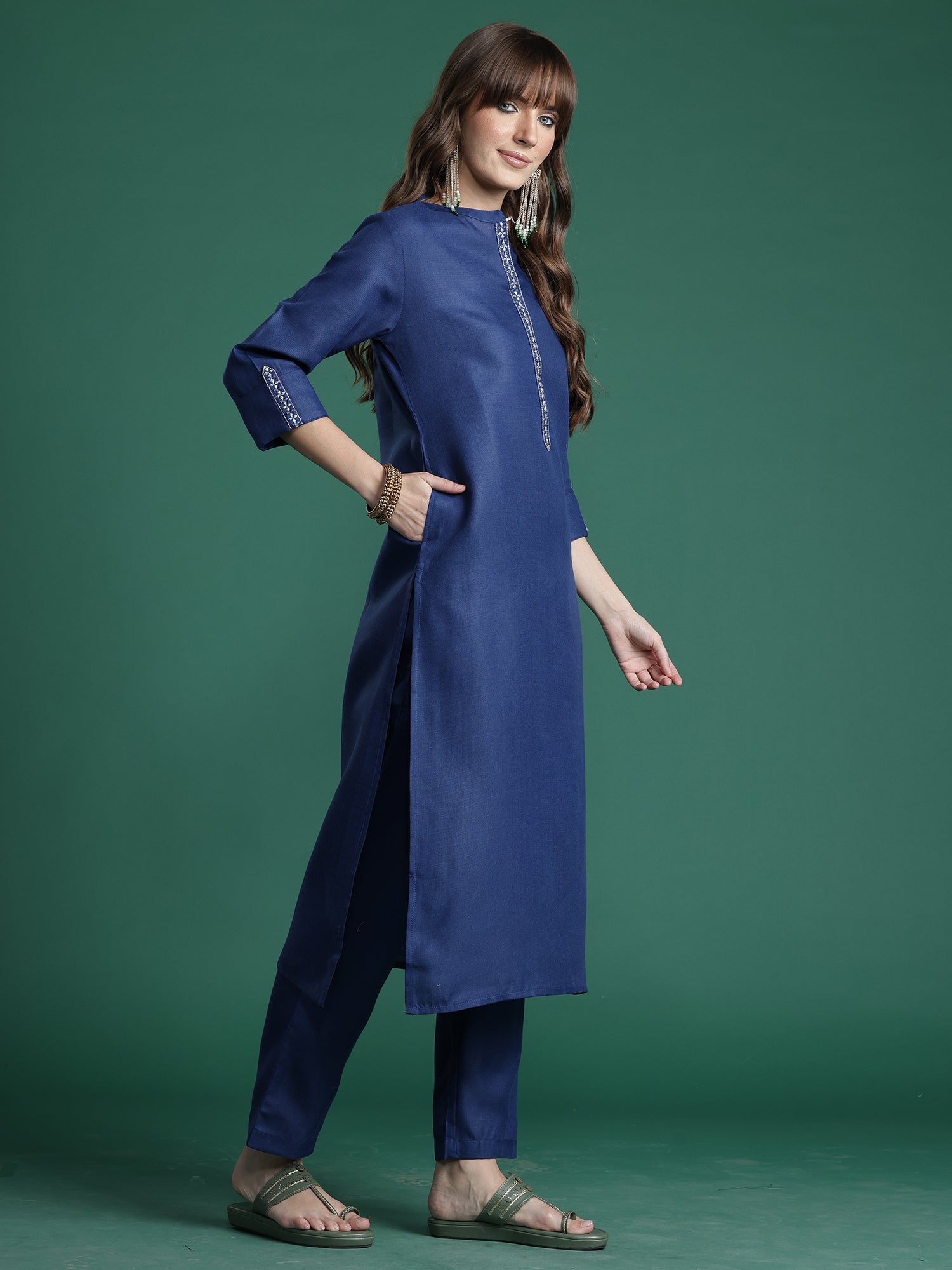 Indo era Blue Embroidered Straight Kurta Trousers With Dupatta Set- IE