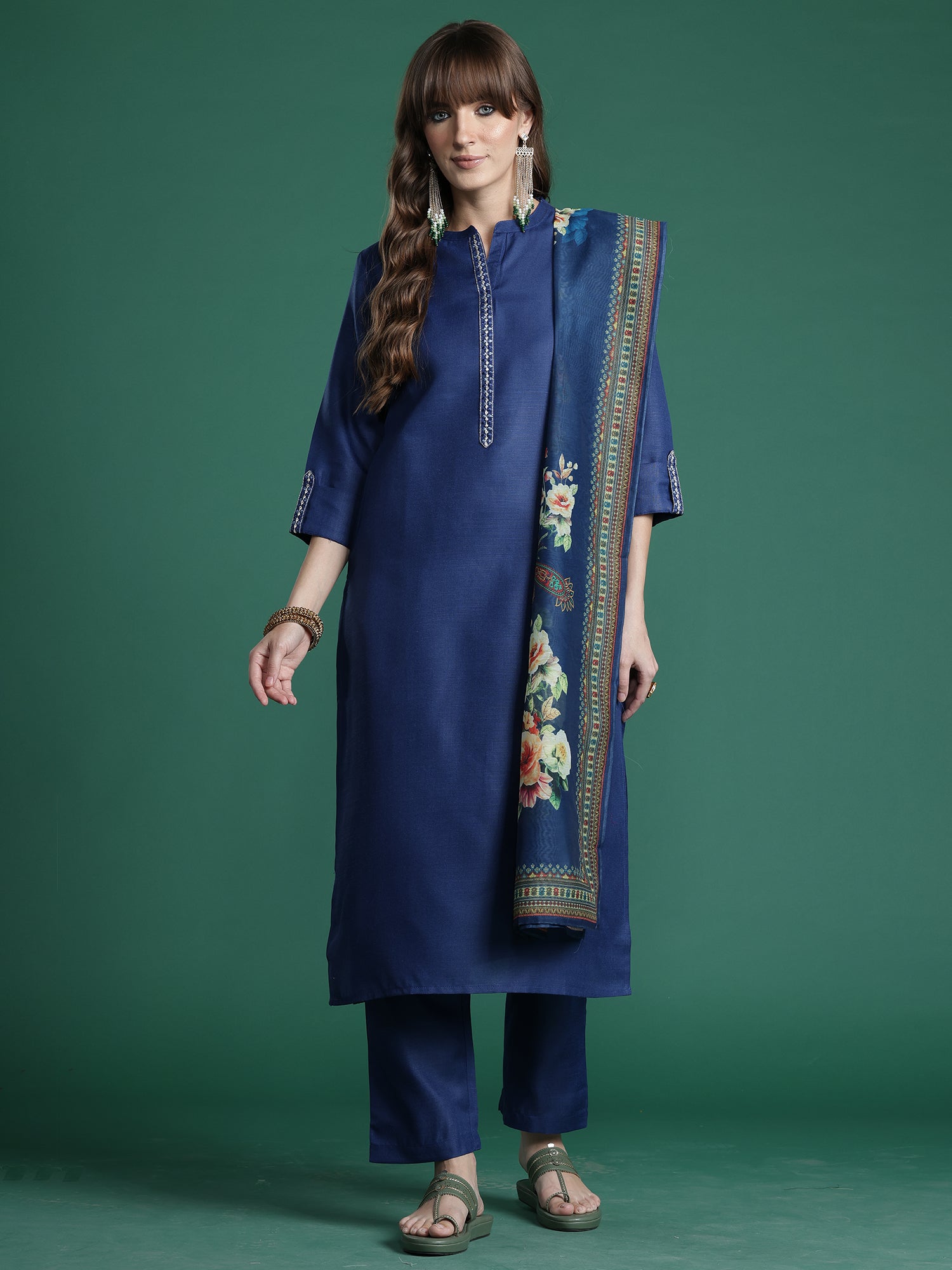 Indo era Blue Embroidered Straight Kurta Trousers With Dupatta Set- IE