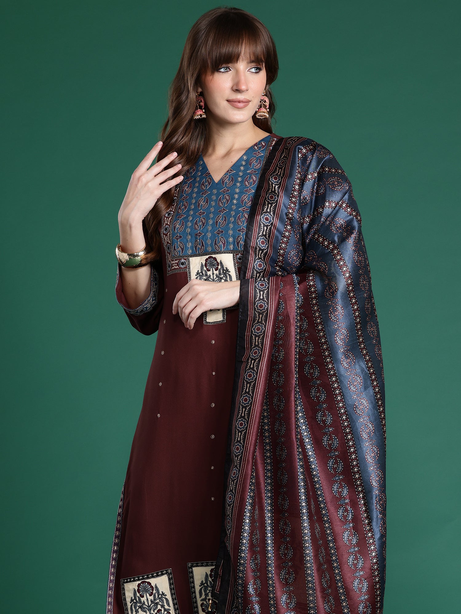 Indo era Maroon Printed Straight Kurta Trousers With Dupatta Set- IE