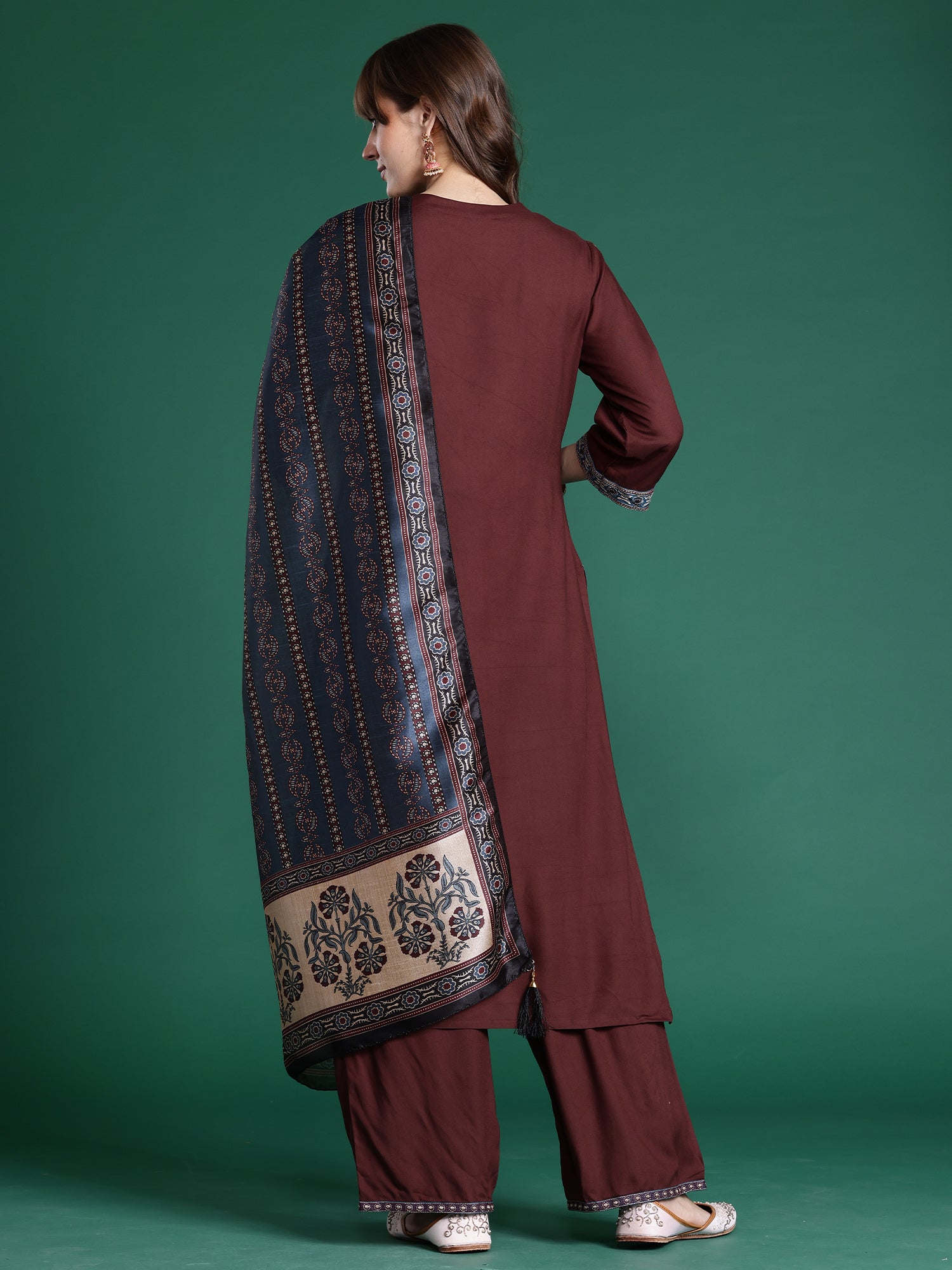 Indo era Maroon Printed Straight Kurta Trousers With Dupatta Set- IE