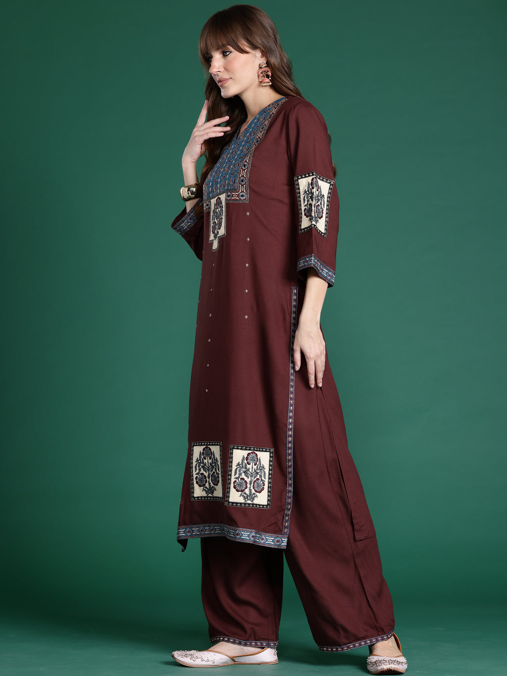 Indo era Maroon Printed Straight Kurta Trousers With Dupatta Set- IE
