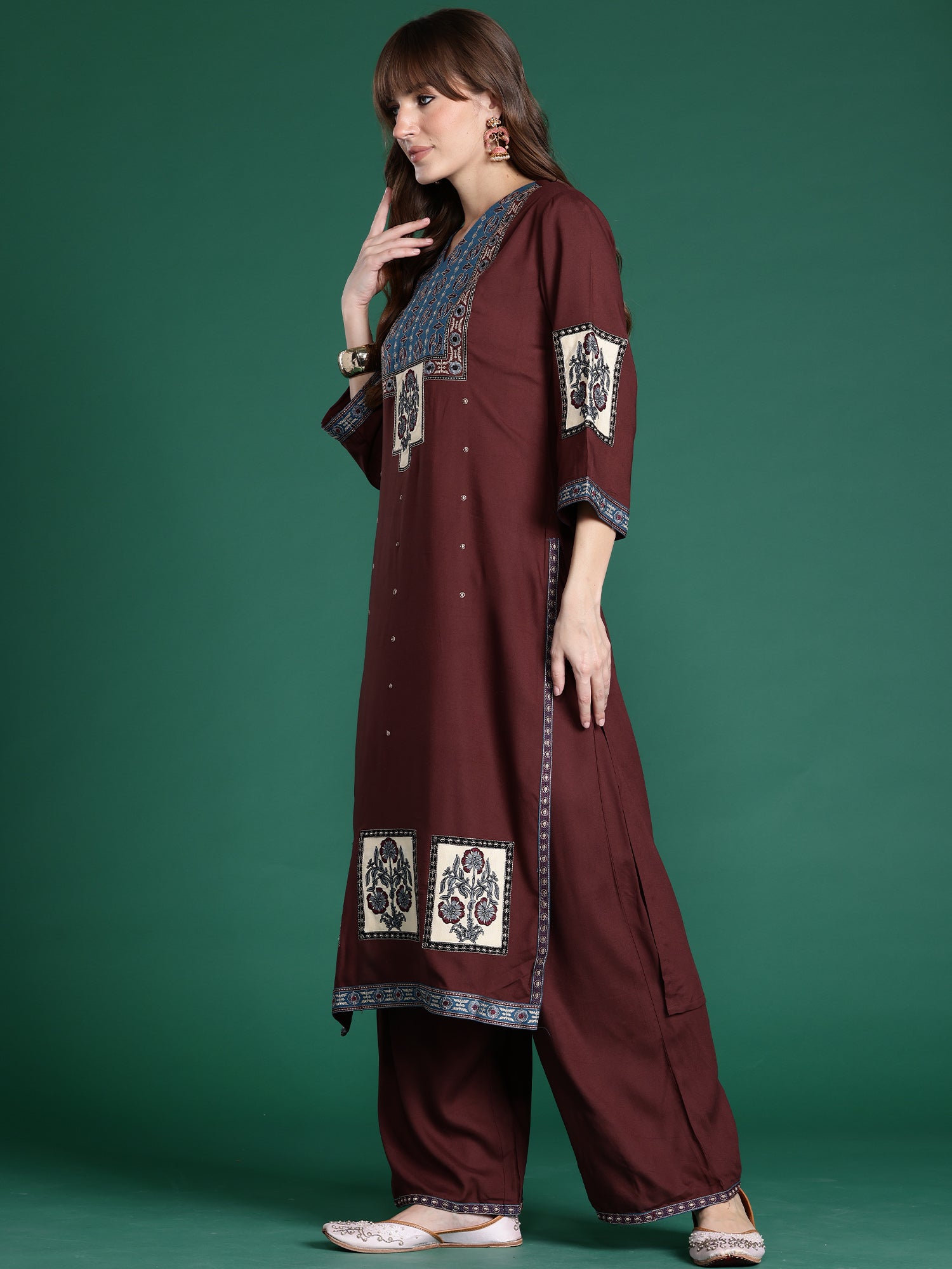 Indo era Maroon Printed Straight Kurta Trousers With Dupatta Set- IE