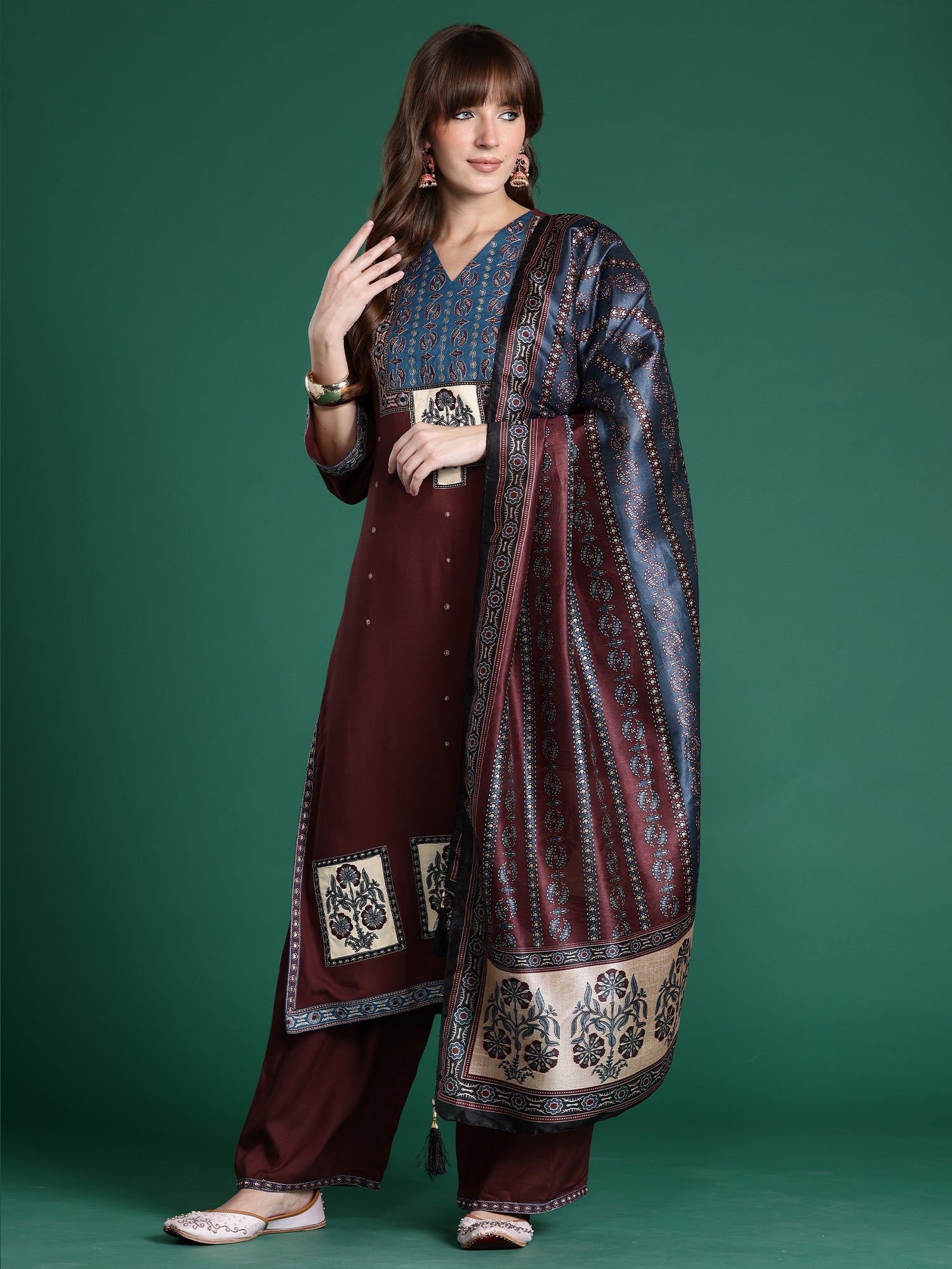 Indo era Maroon Printed Straight Kurta Trousers With Dupatta Set- IE