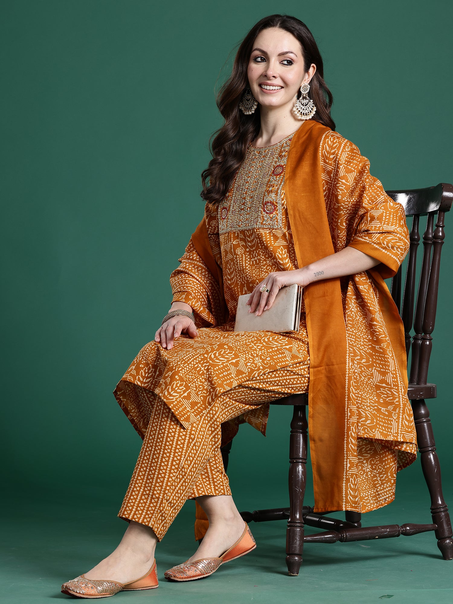 Indo Era Mustard Printed Straight Kurta Trousers With Dupatta set- IE