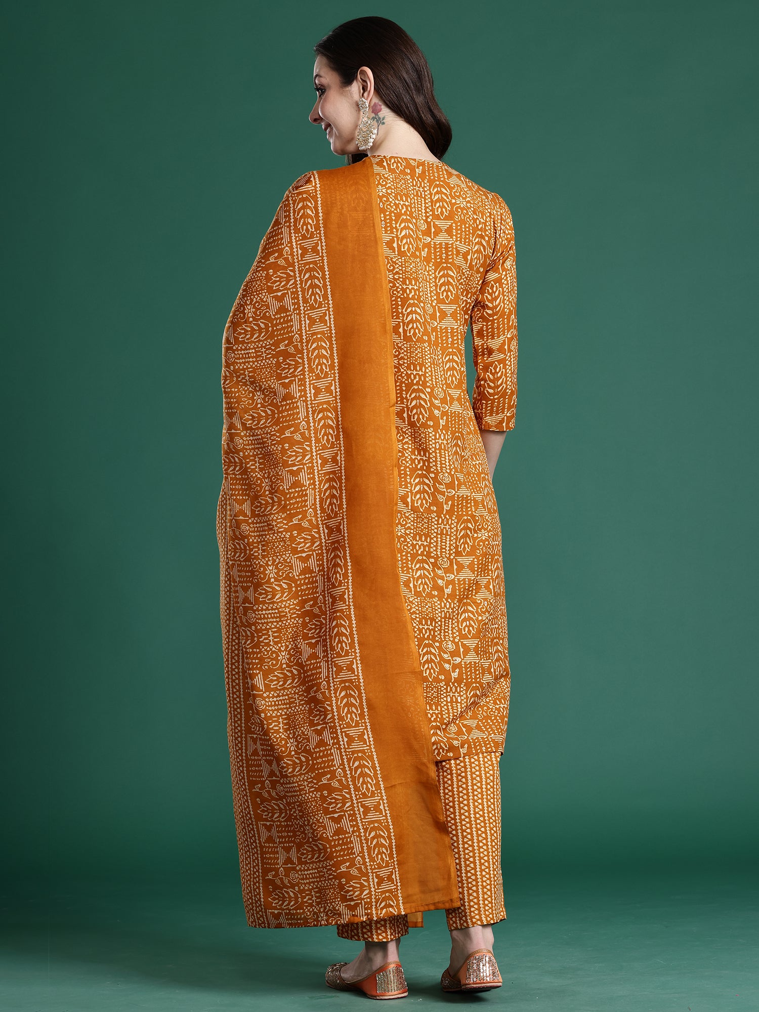 Indo Era Mustard Printed Straight Kurta Trousers With Dupatta set- IE