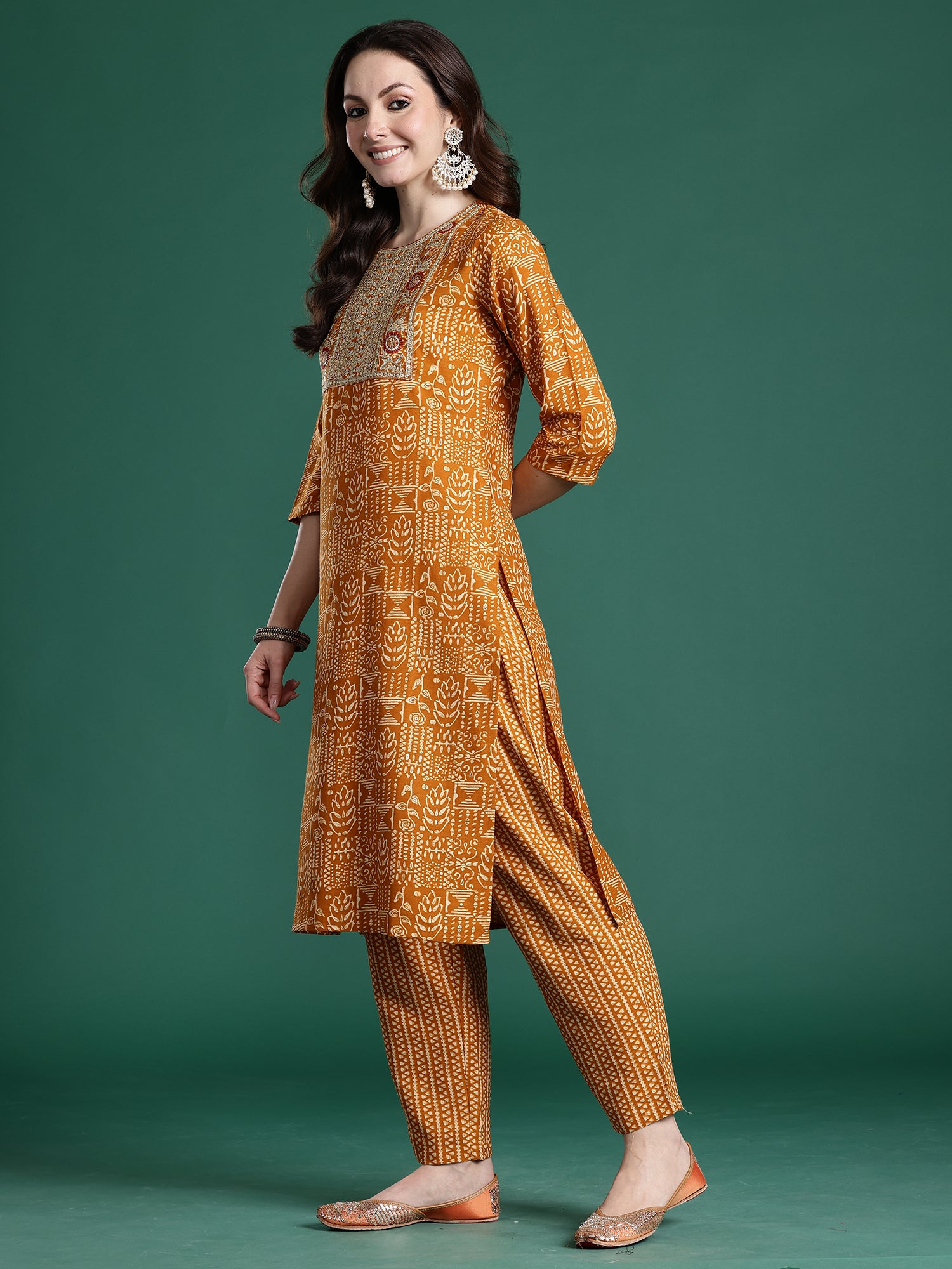 Indo Era Mustard Printed Straight Kurta Trousers With Dupatta set- IE