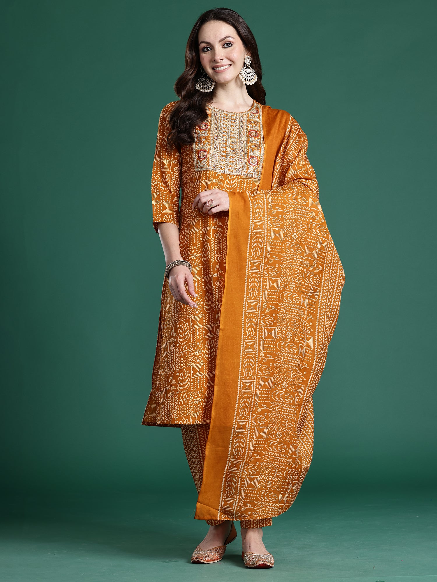Indo Era Mustard Printed Straight Kurta Trousers With Dupatta set- IE