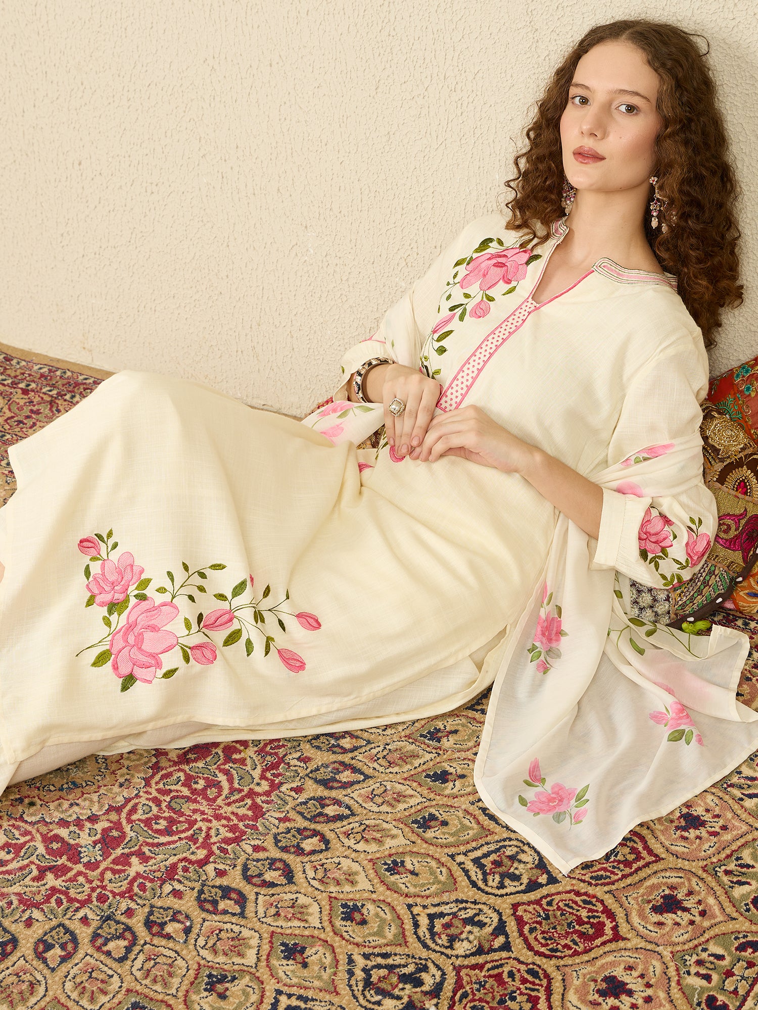 Indo Era Off White Embroidered Straight Kurta Trousers With Dupatta Set- IE