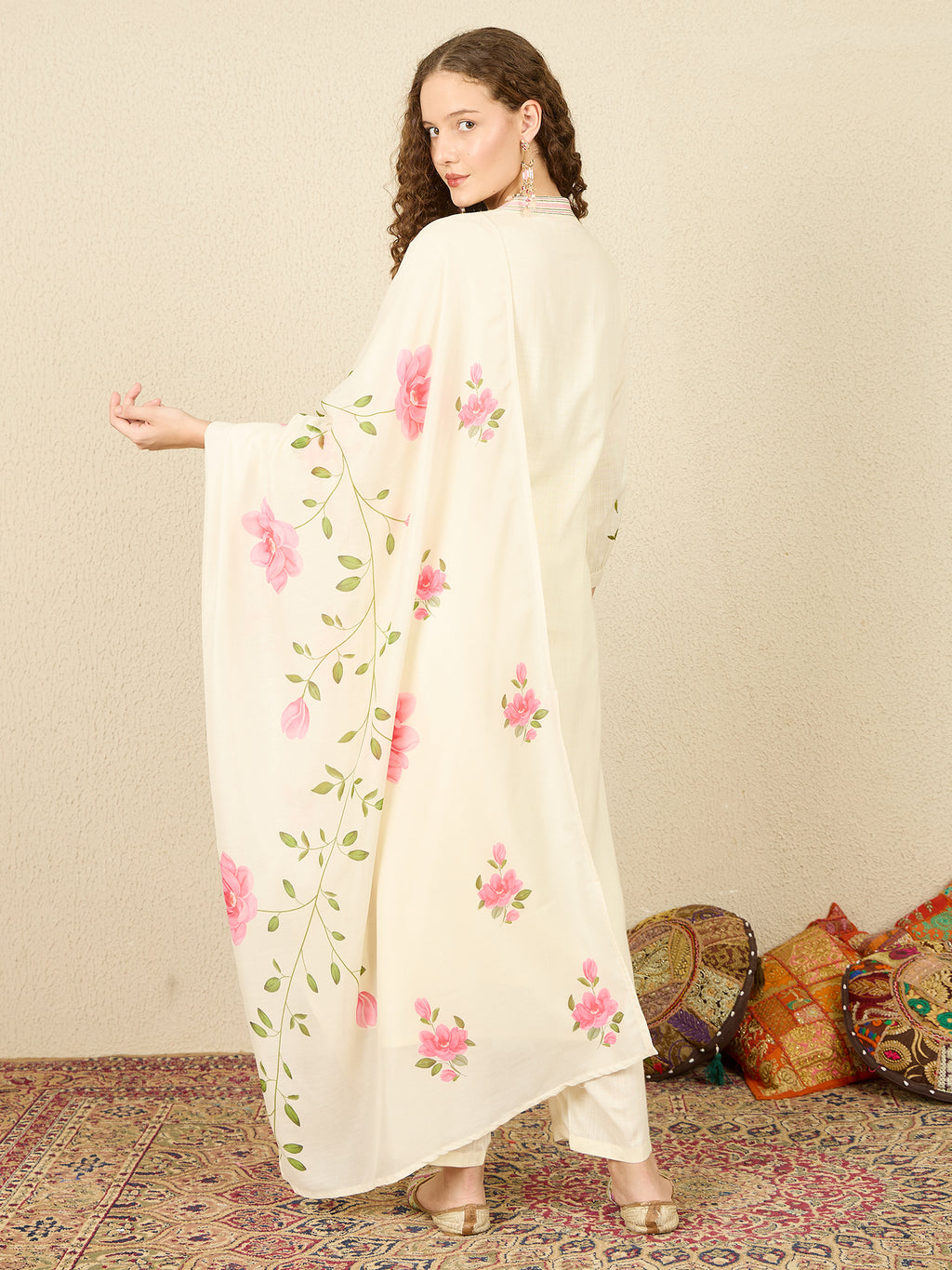 Indo Era Off White Embroidered Straight Kurta Trousers With Dupatta Set- IE