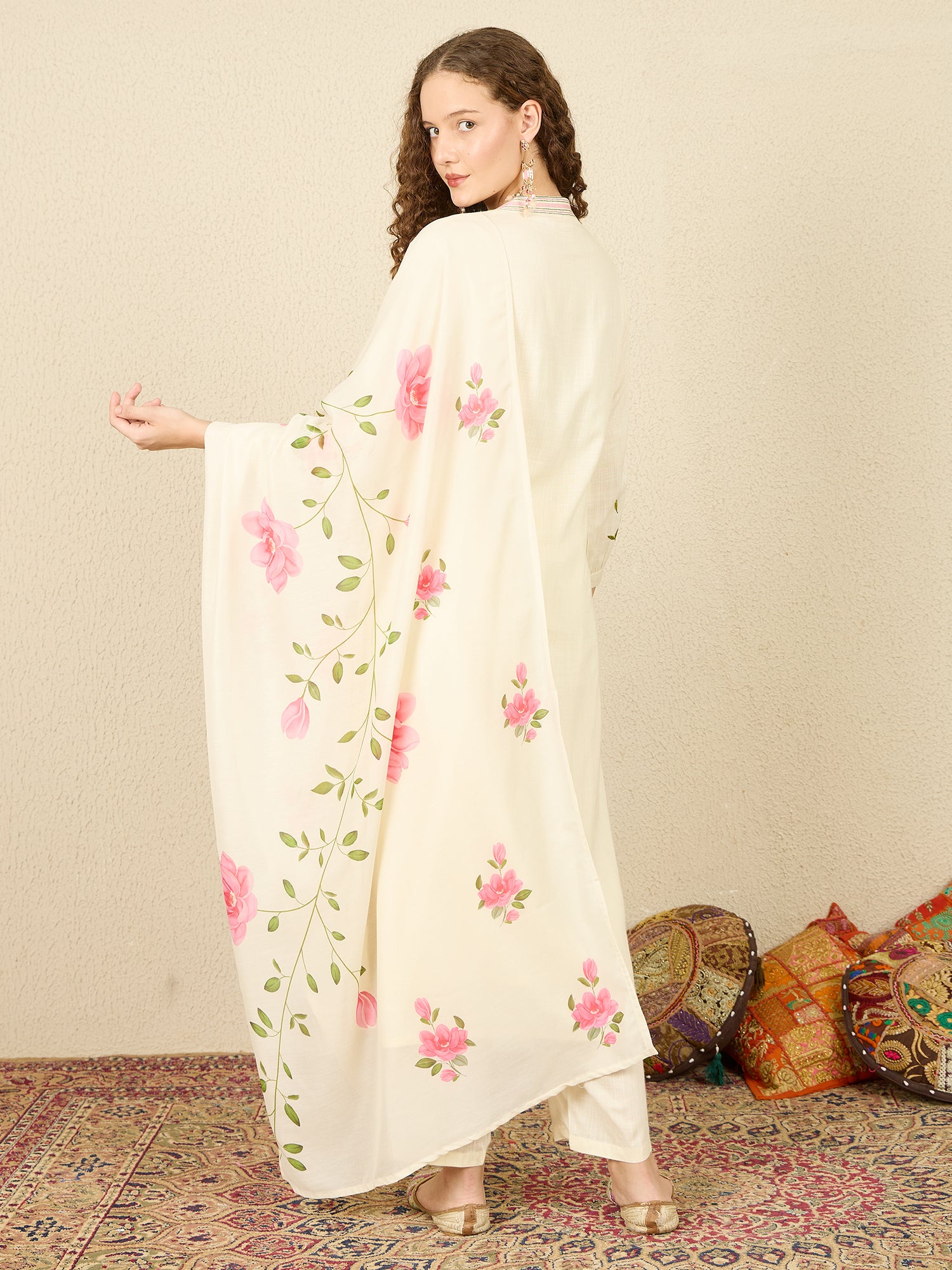 Indo Era Off White Embroidered Straight Kurta Trousers With Dupatta Set- IE