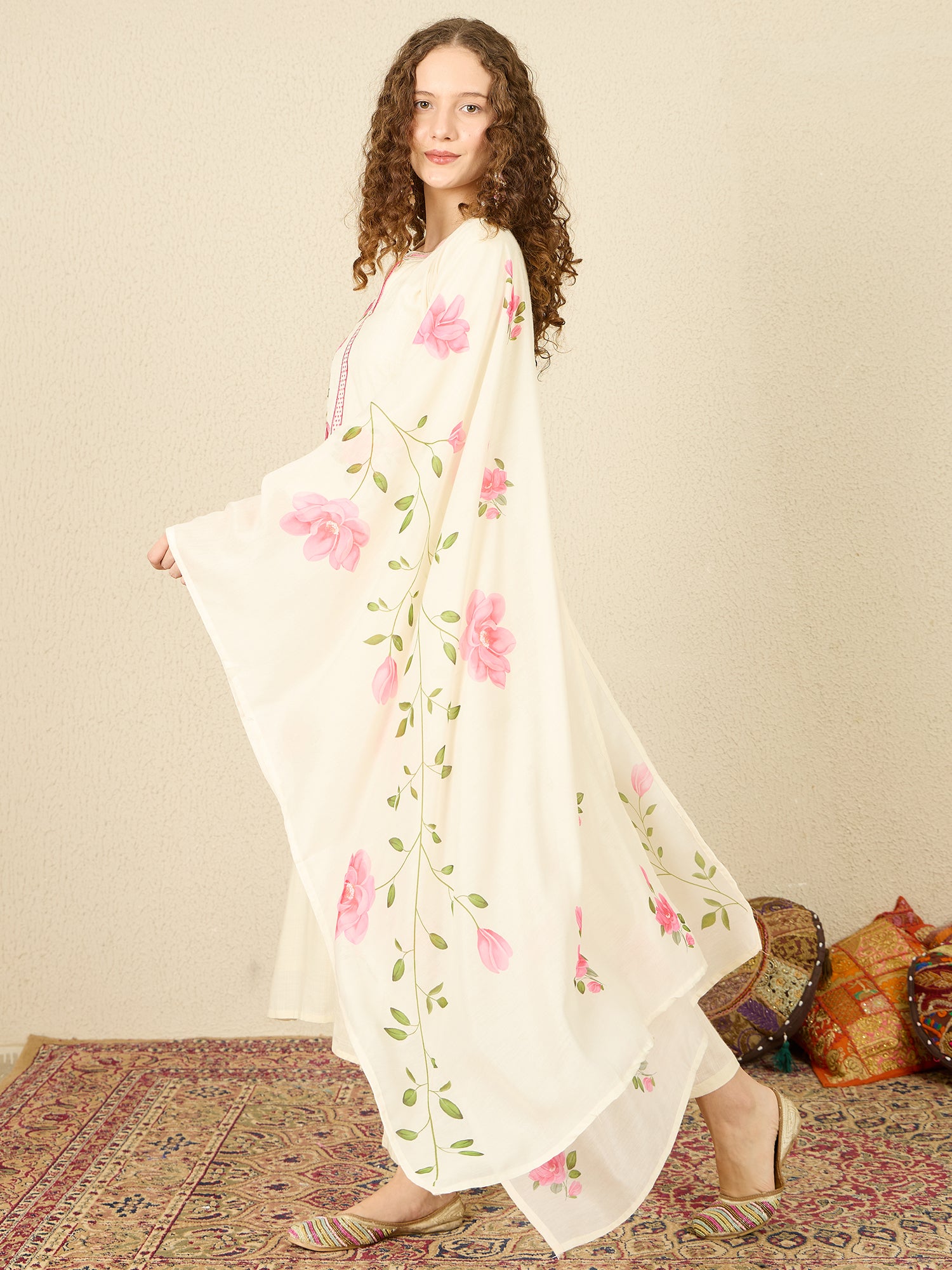 Indo Era Off White Embroidered Straight Kurta Trousers With Dupatta Set- IE