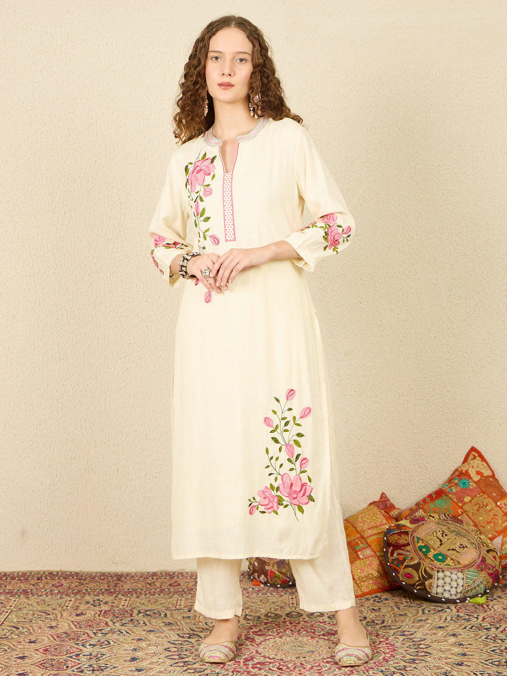 Indo Era Off White Embroidered Straight Kurta Trousers With Dupatta Set- IE