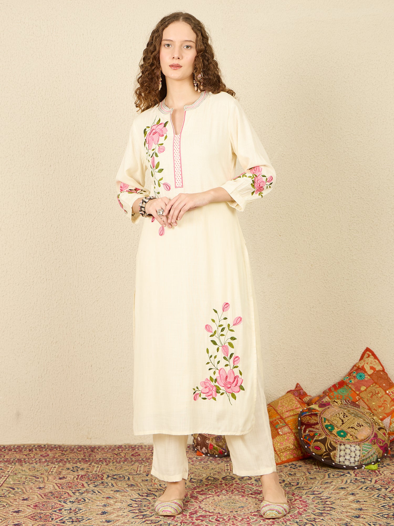 Indo Era Off White Embroidered Straight Kurta Trousers With Dupatta Set- IE