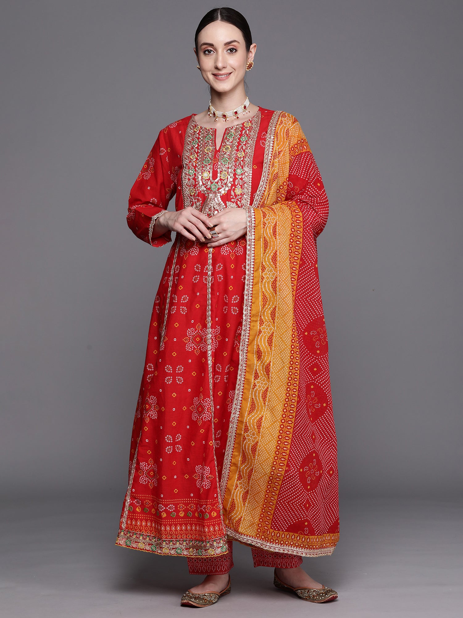 Red Printed Anarkali Kurta Trousers With Dupatta Set