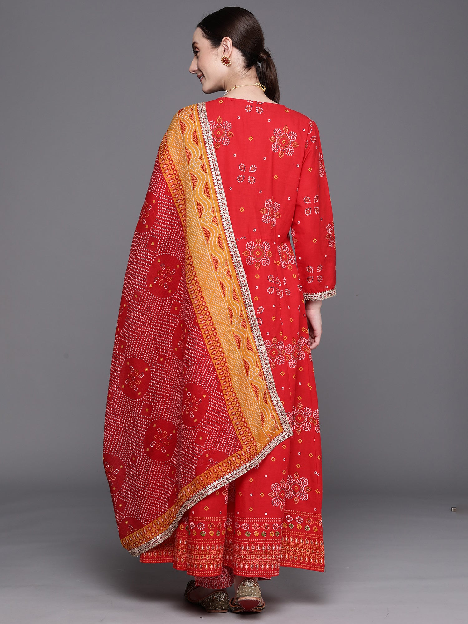 Red Printed Anarkali Kurta Trousers With Dupatta Set