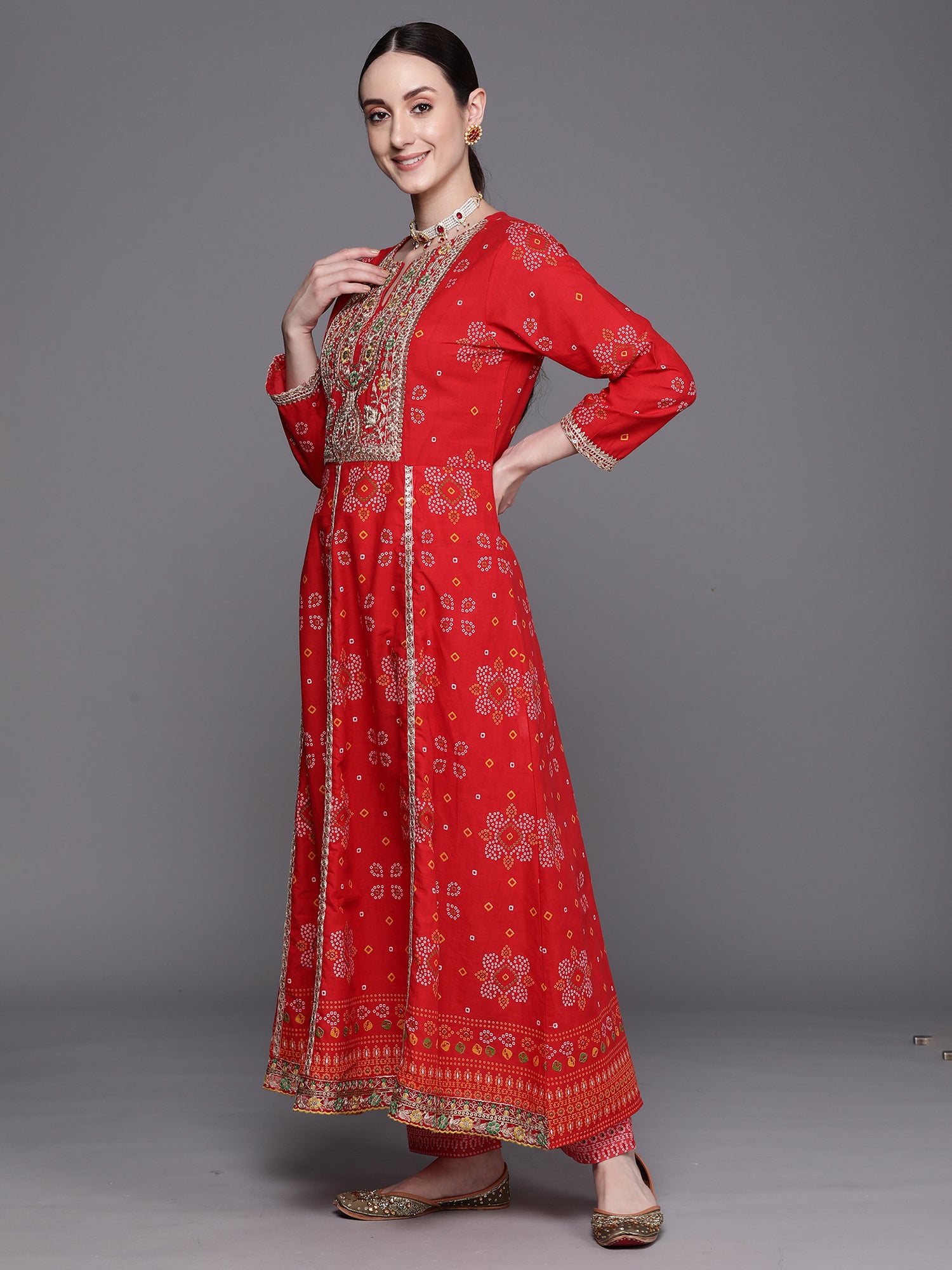 Red Printed Anarkali Kurta Trousers With Dupatta Set