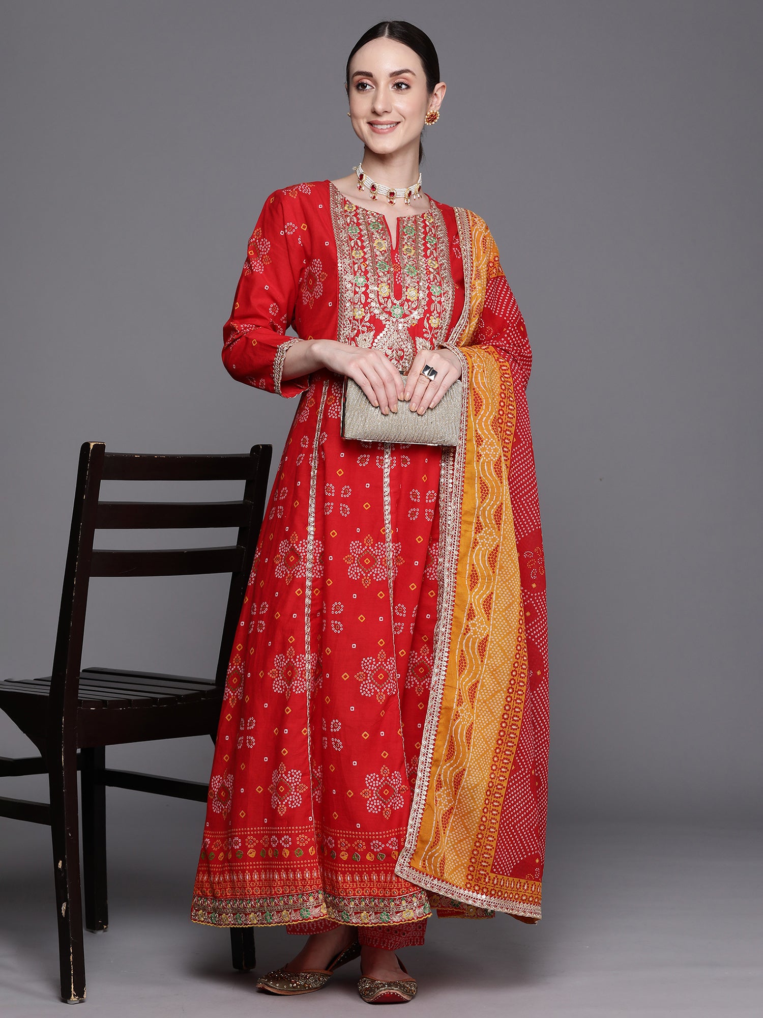 Red Printed Anarkali Kurta Trousers With Dupatta Set