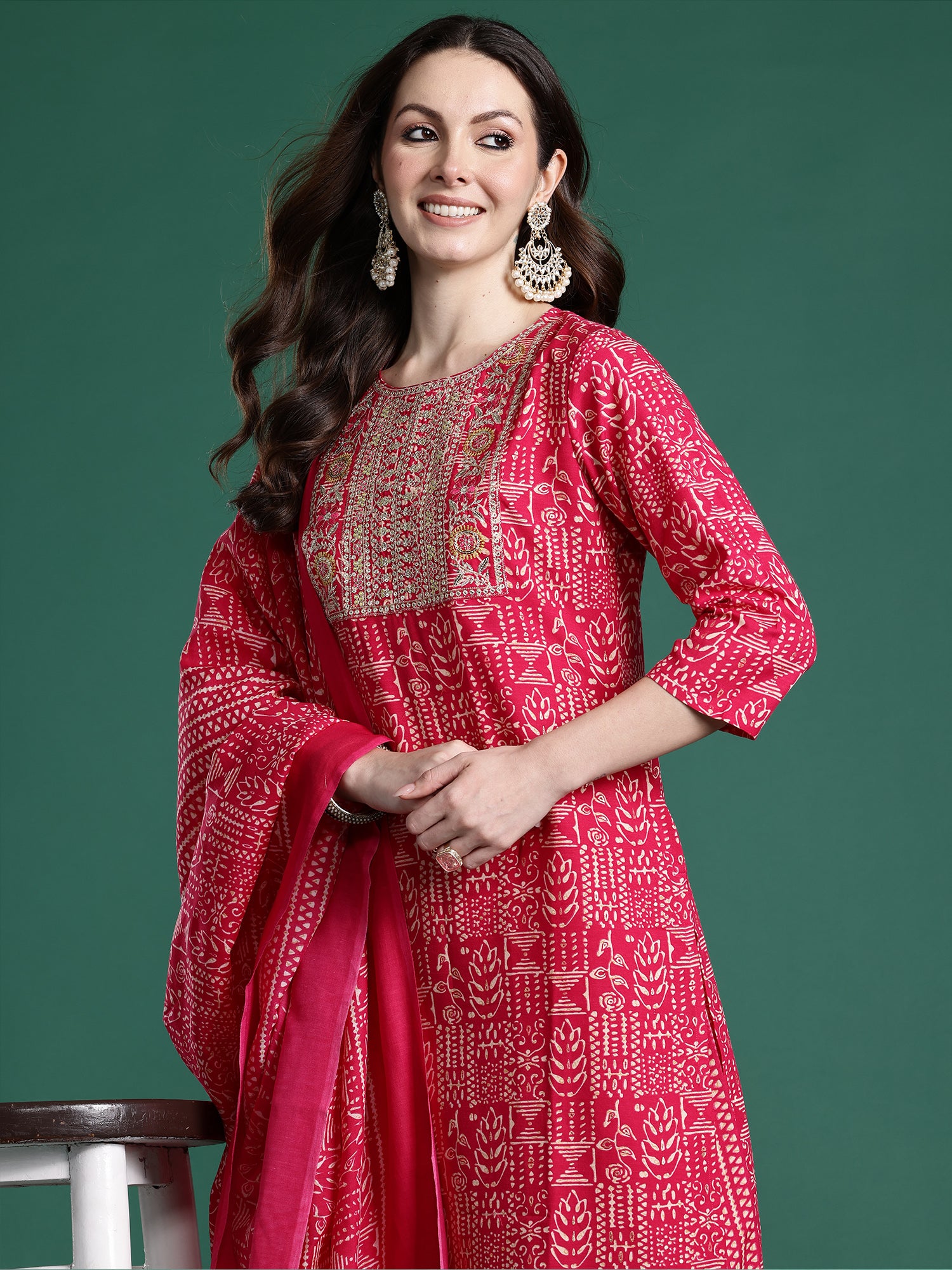 Indo Era Pink Printed Straight Kurta Trousers With Dupatta set- IE