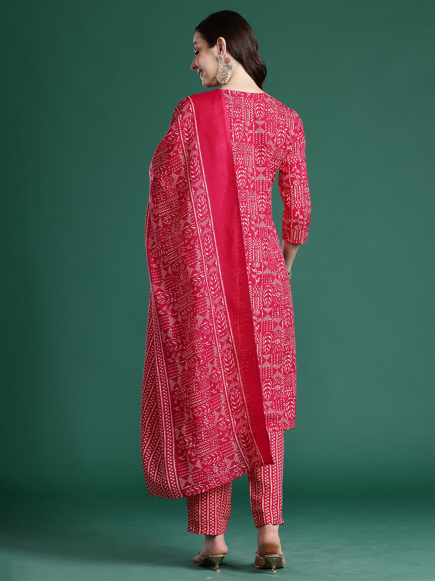 Indo Era Pink Printed Straight Kurta Trousers With Dupatta set- IE