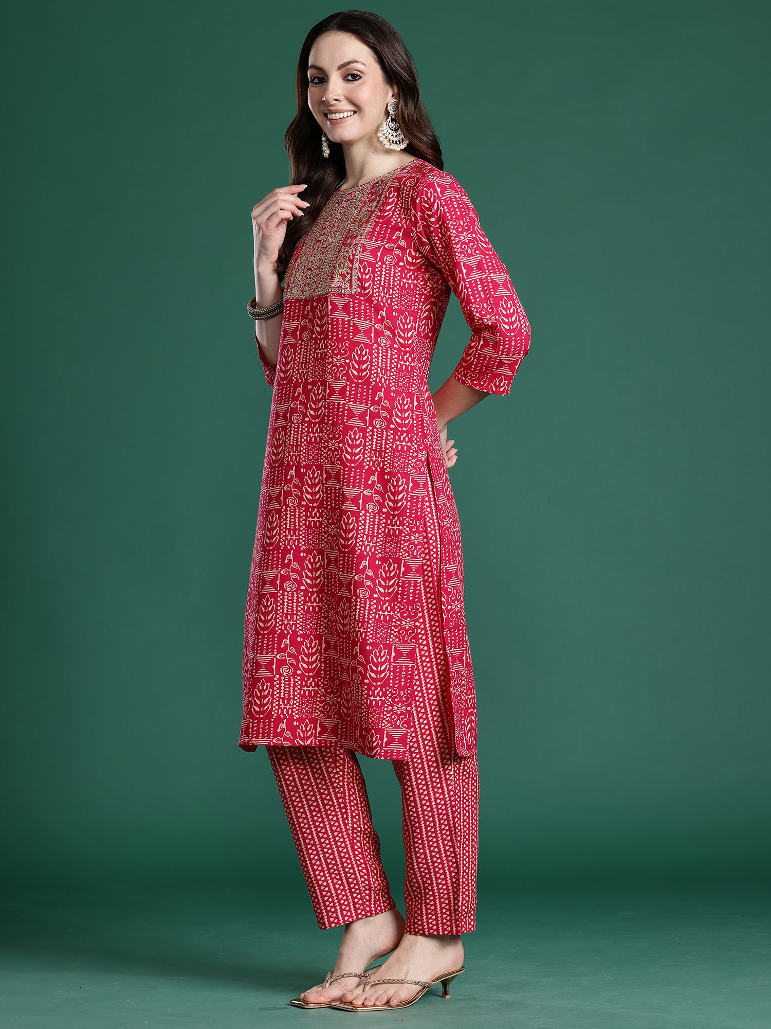 Indo Era Pink Printed Straight Kurta Trousers With Dupatta set- IE