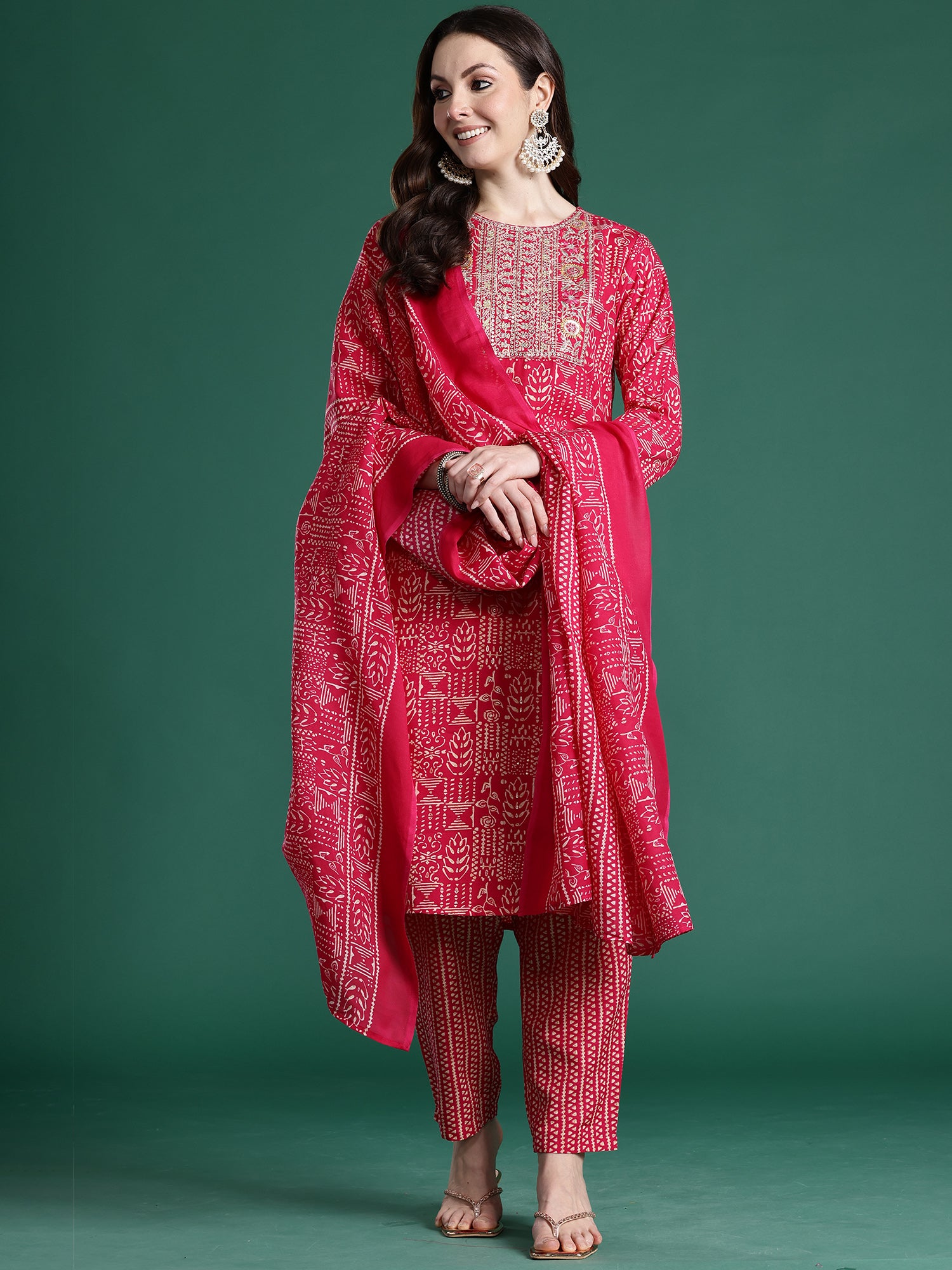Indo Era Pink Printed Straight Kurta Trousers With Dupatta set- IE