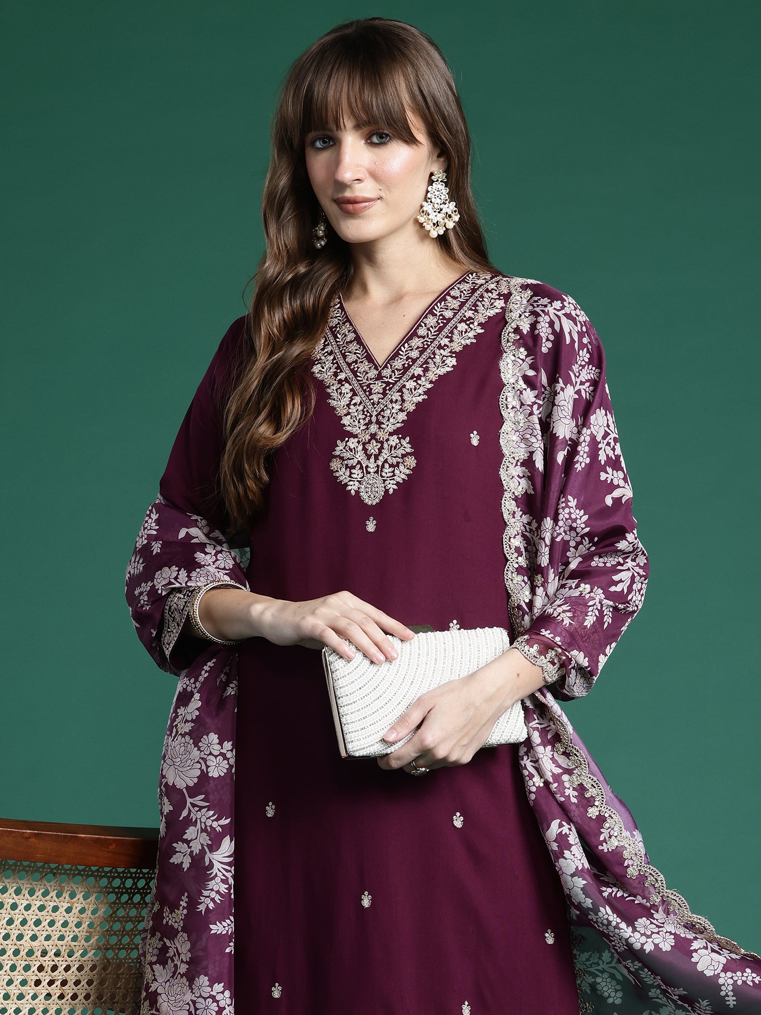 Indo Era Burgundy Embroidered Straight Kurta Trousers With Dupatta Set- IE