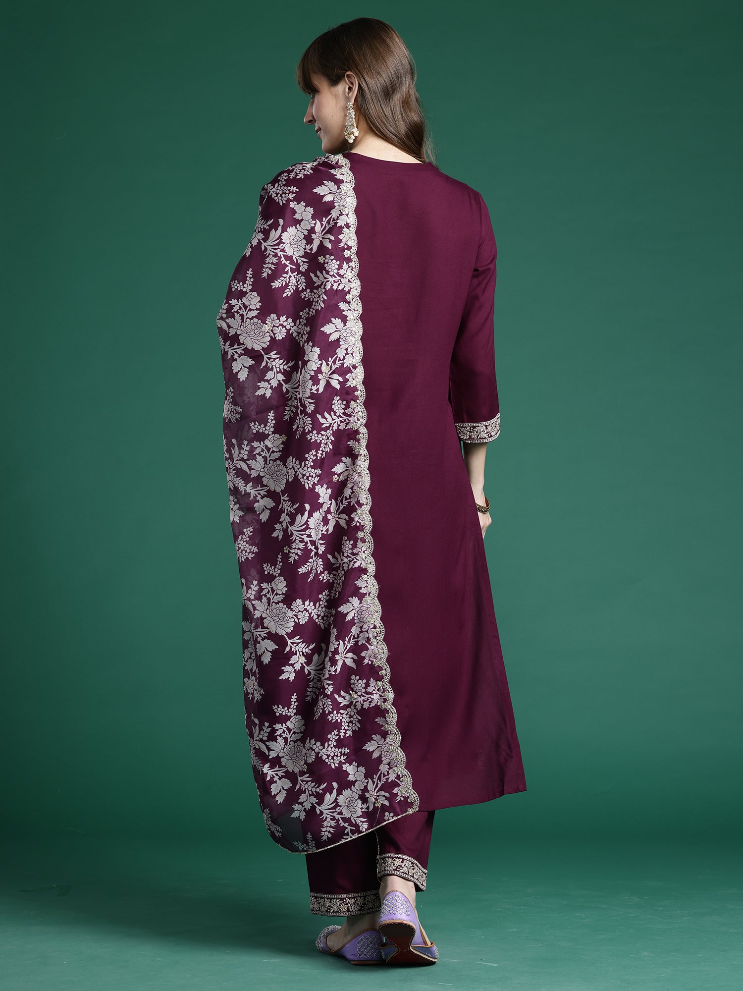 Indo Era Burgundy Embroidered Straight Kurta Trousers With Dupatta Set- IE
