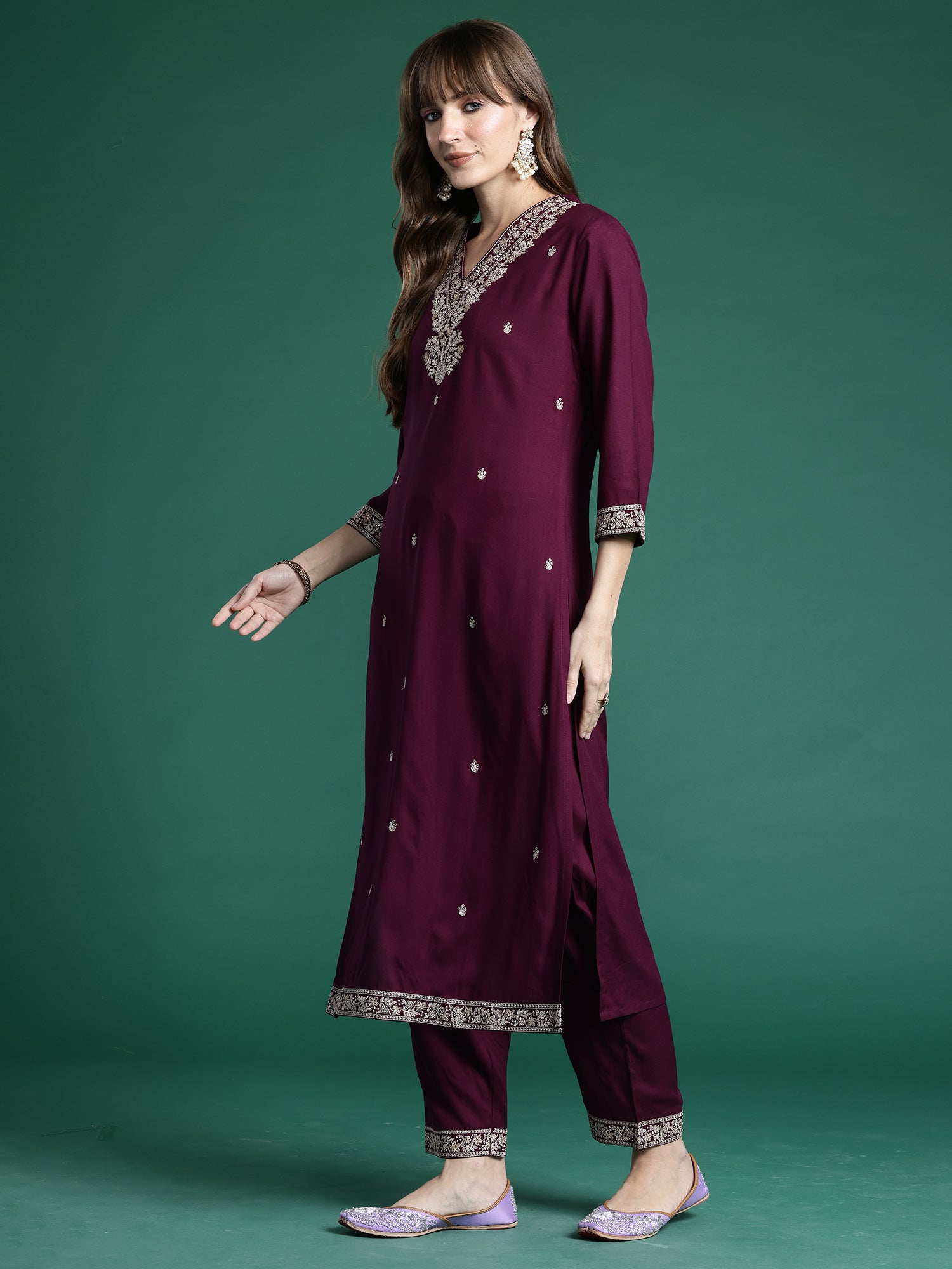Indo Era Burgundy Embroidered Straight Kurta Trousers With Dupatta Set- IE