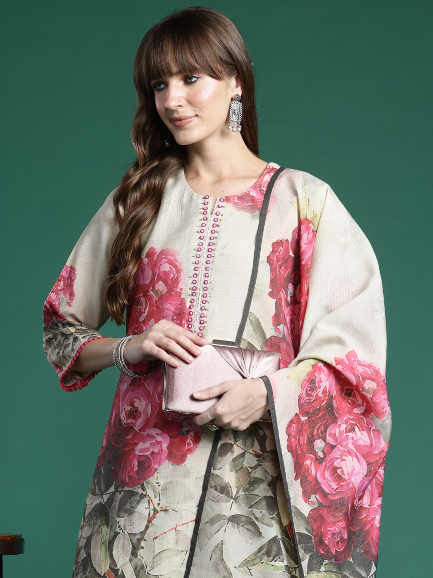 Indo era Beige Printed Straight Kurta Trousers With Dupatta Set- IE