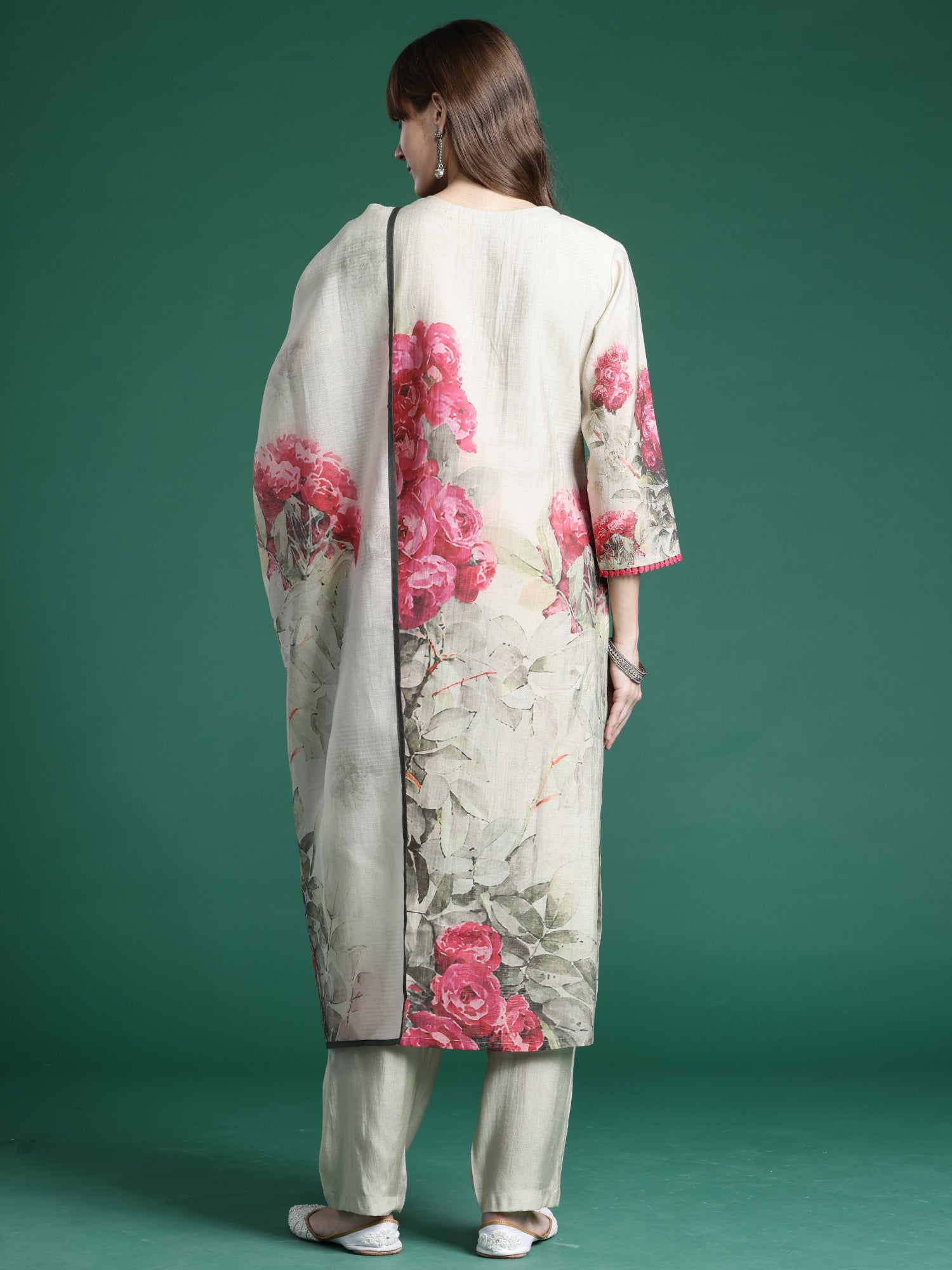 Indo era Beige Printed Straight Kurta Trousers With Dupatta Set- IE