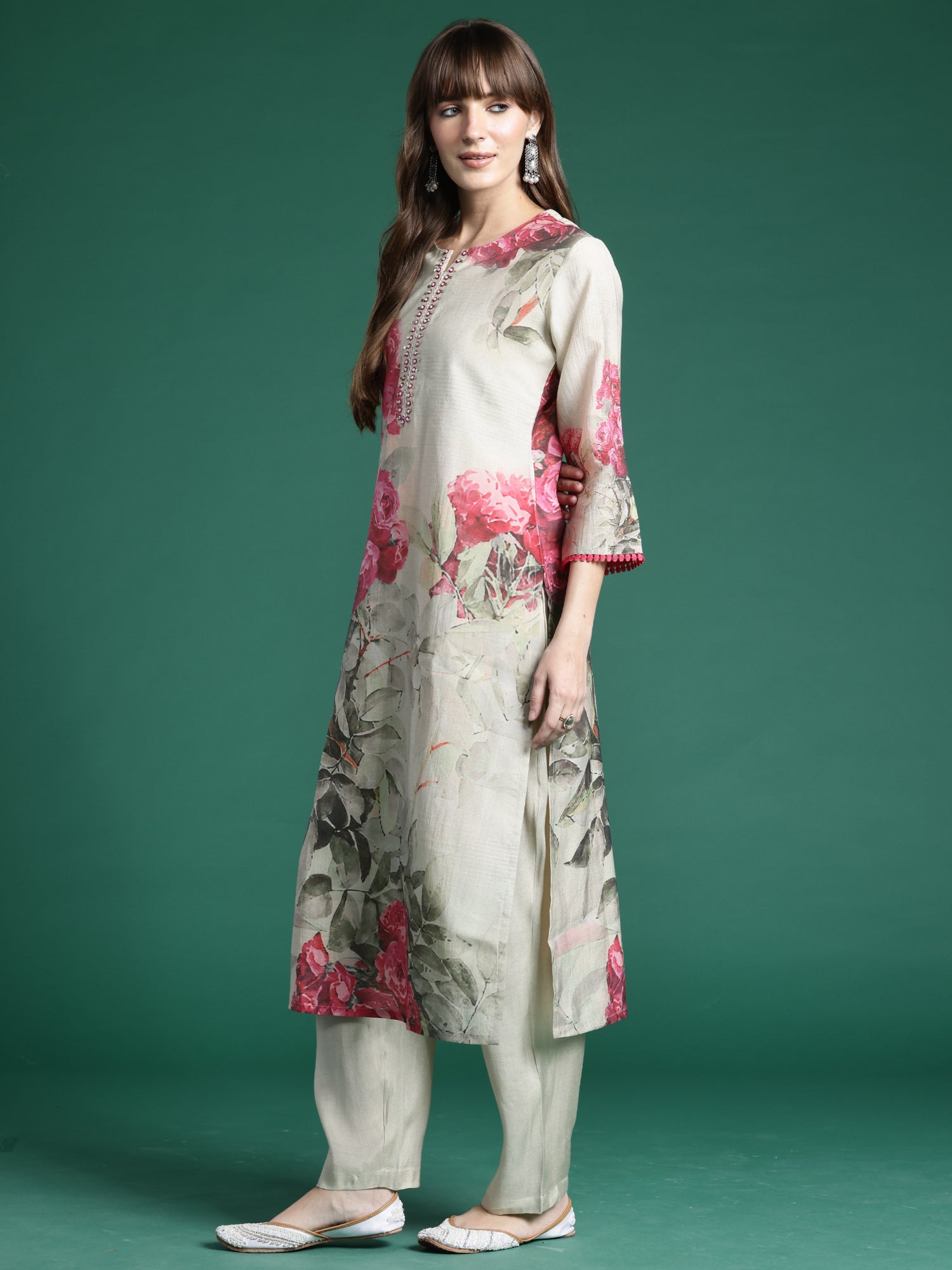 Indo era Beige Printed Straight Kurta Trousers With Dupatta Set- IE