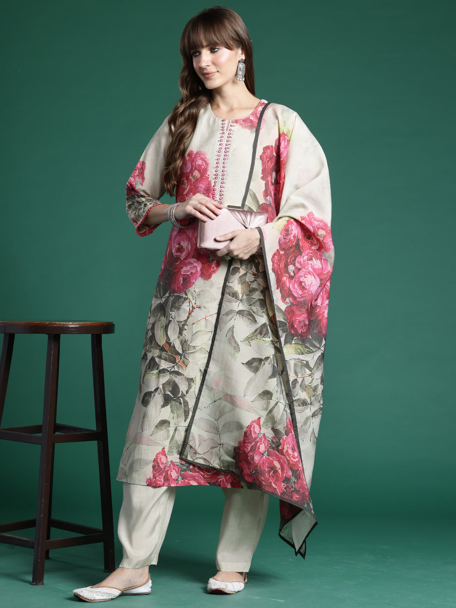 Indo era Beige Printed Straight Kurta Trousers With Dupatta Set- IE