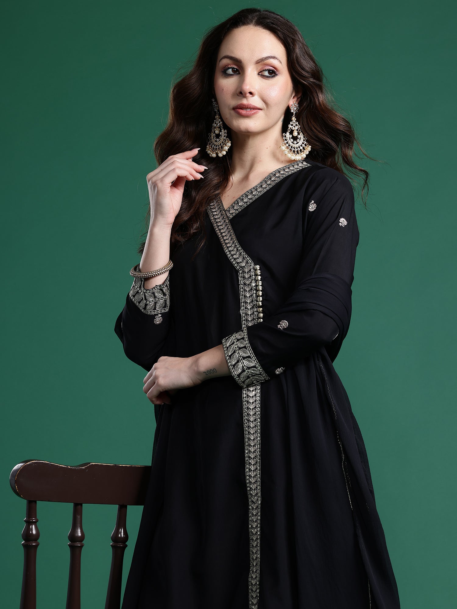 Indo Era Black Embroidered A-Line Kurta Trousers With Dupatta set- IE