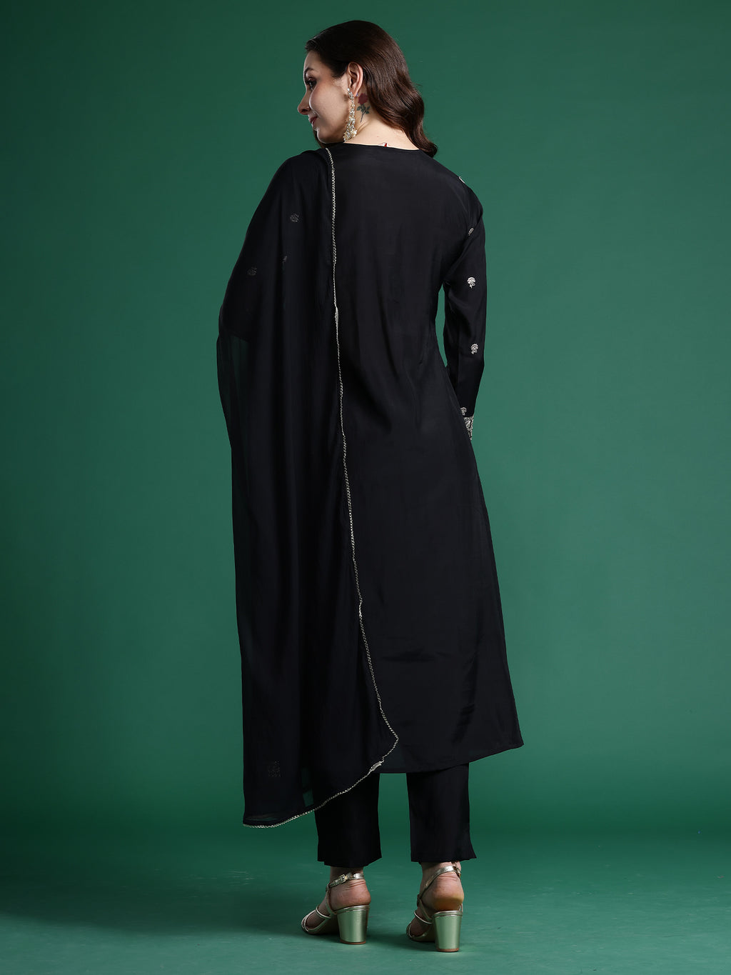 Indo Era Black Embroidered A-Line Kurta Trousers With Dupatta set- IE