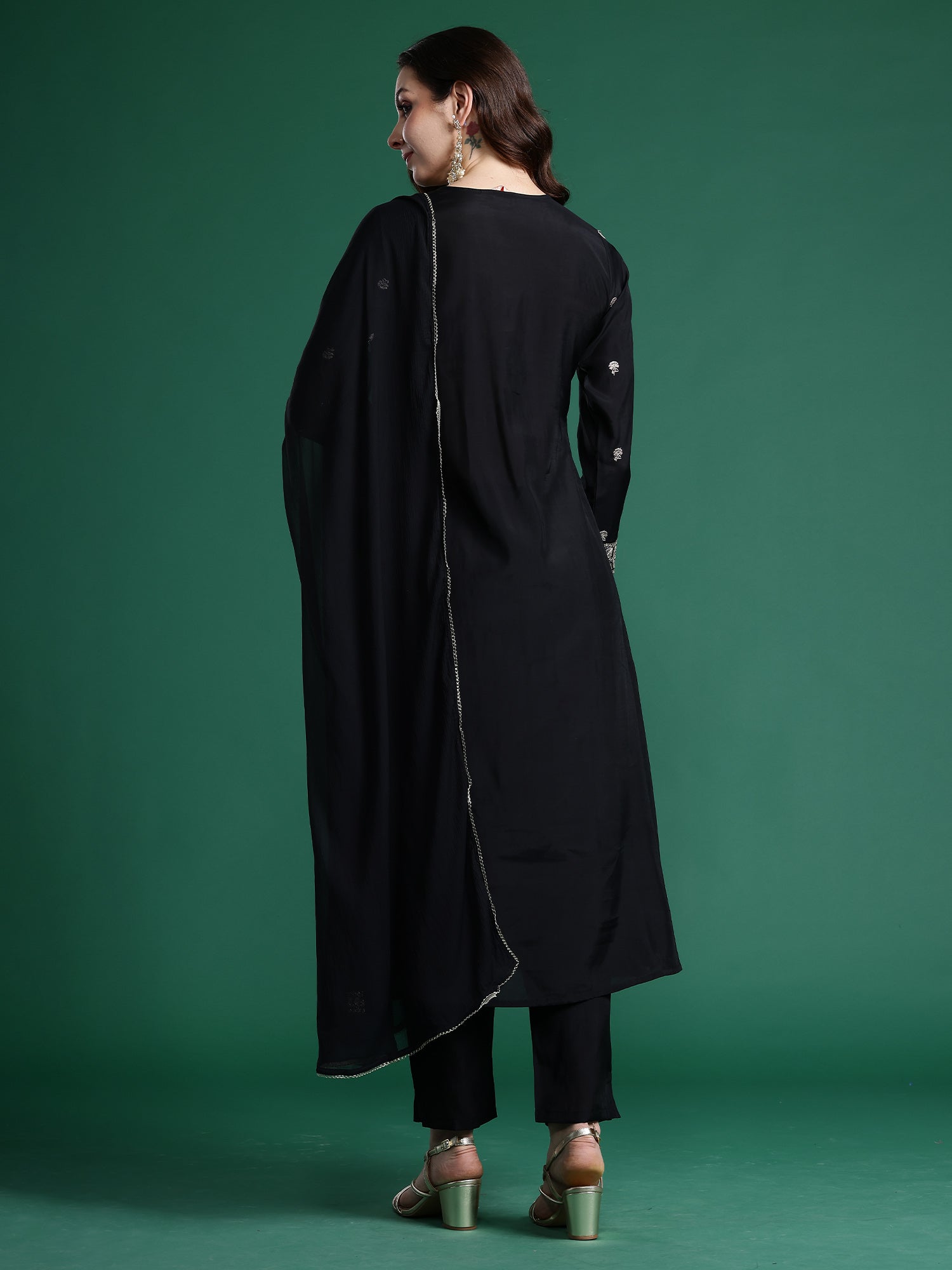 Indo Era Black Embroidered A-Line Kurta Trousers With Dupatta set- IE