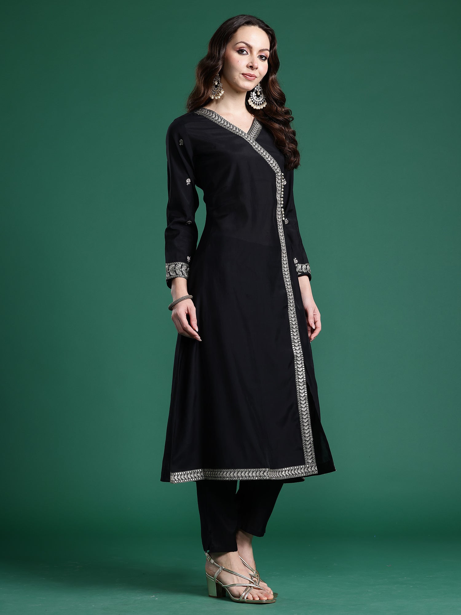 Indo Era Black Embroidered A-Line Kurta Trousers With Dupatta set- IE