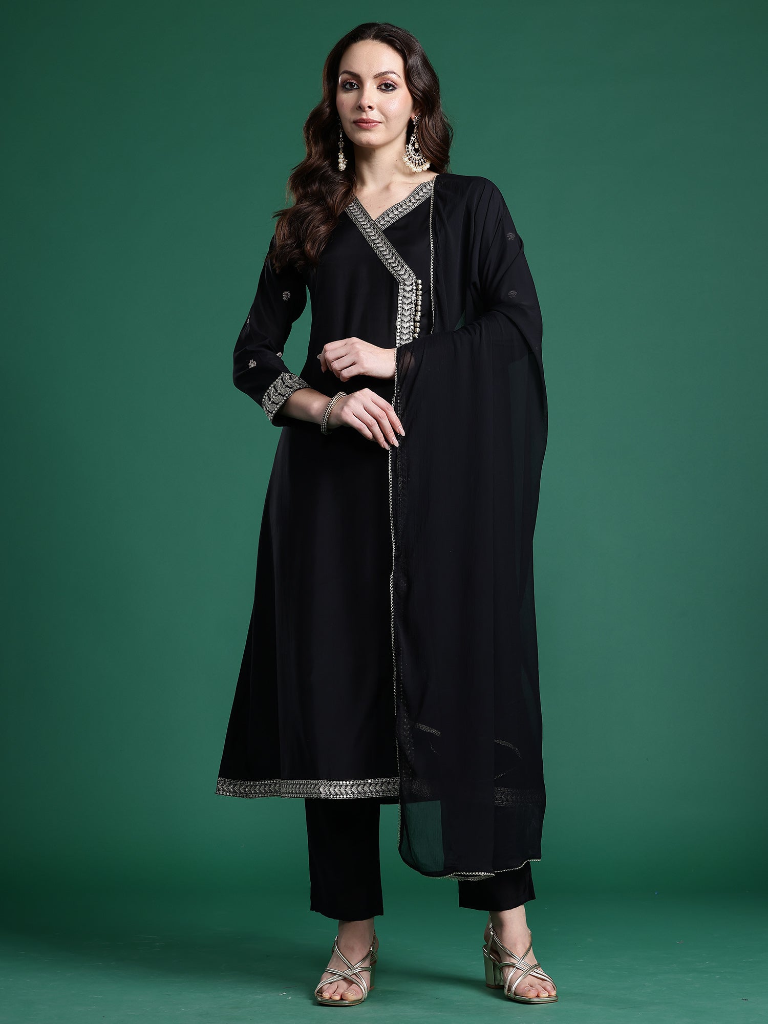Indo Era Black Embroidered A-Line Kurta Trousers With Dupatta set- IE