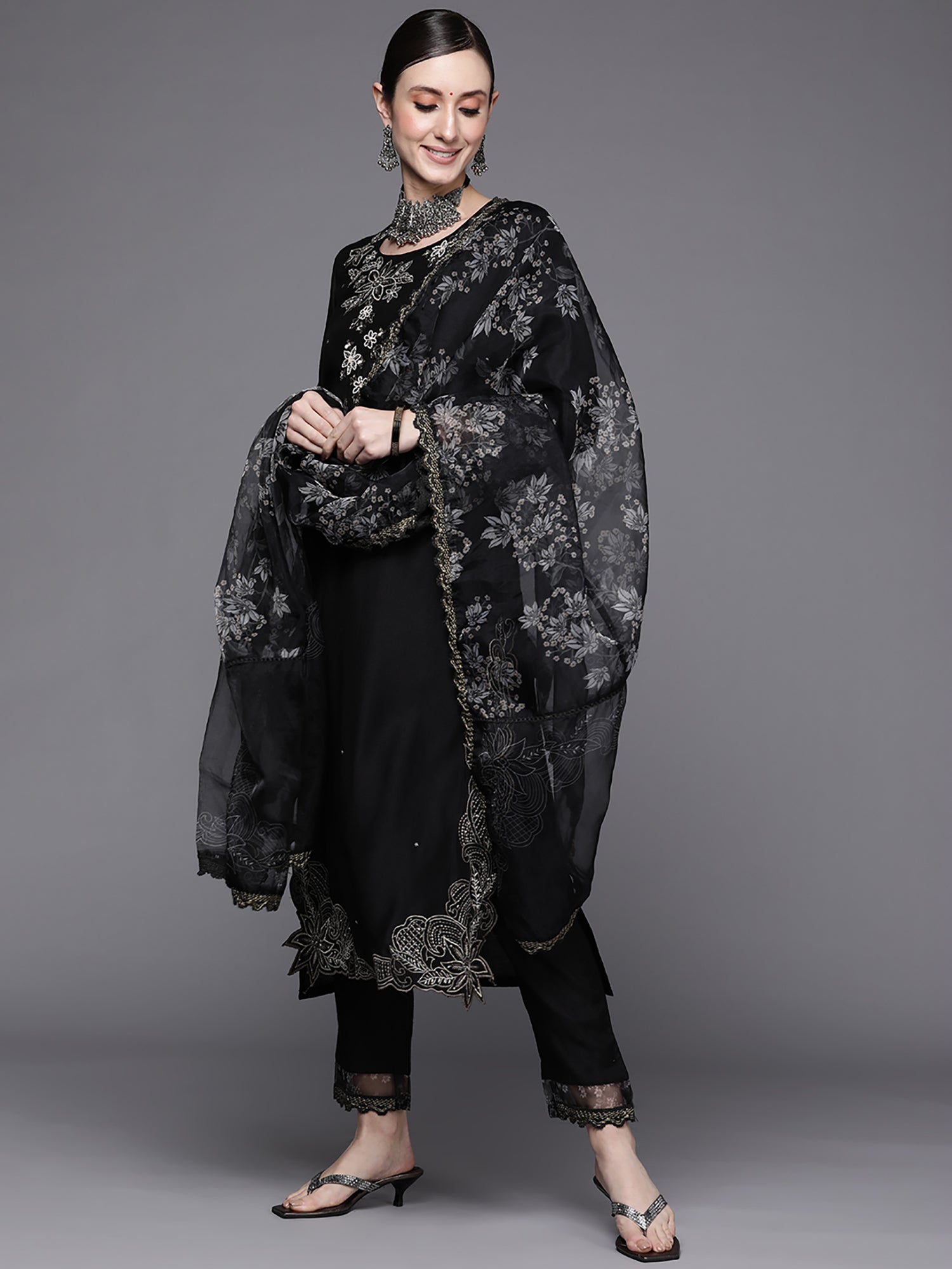 Black Embroidered Straight Kurta Trousers With Dupatta Set