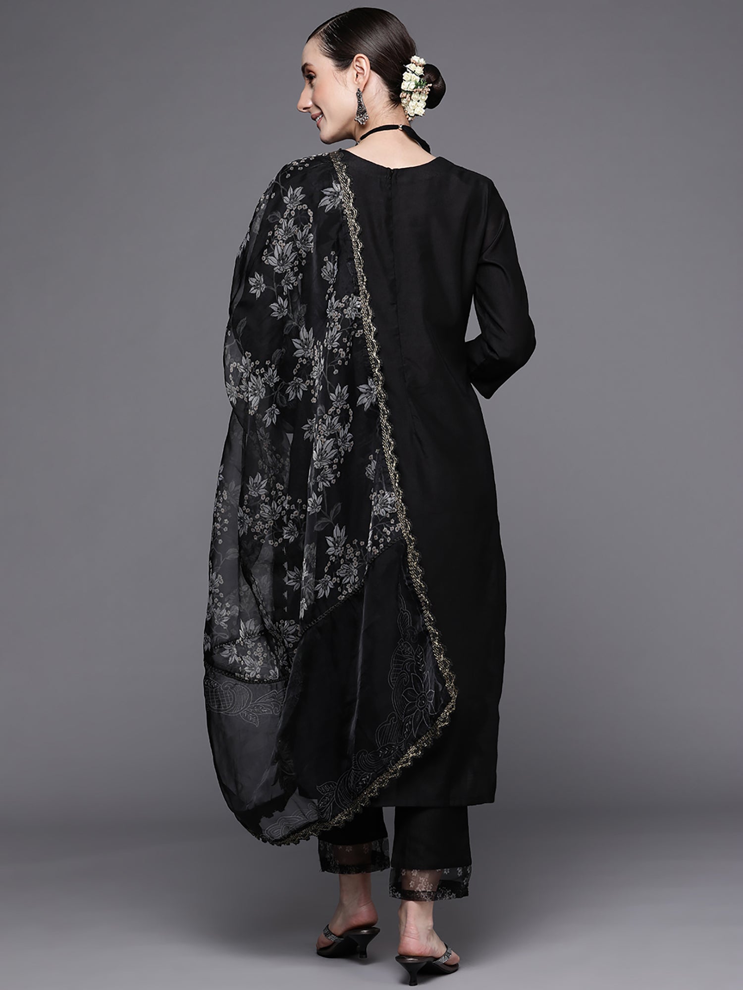 Black Embroidered Straight Kurta Trousers With Dupatta Set