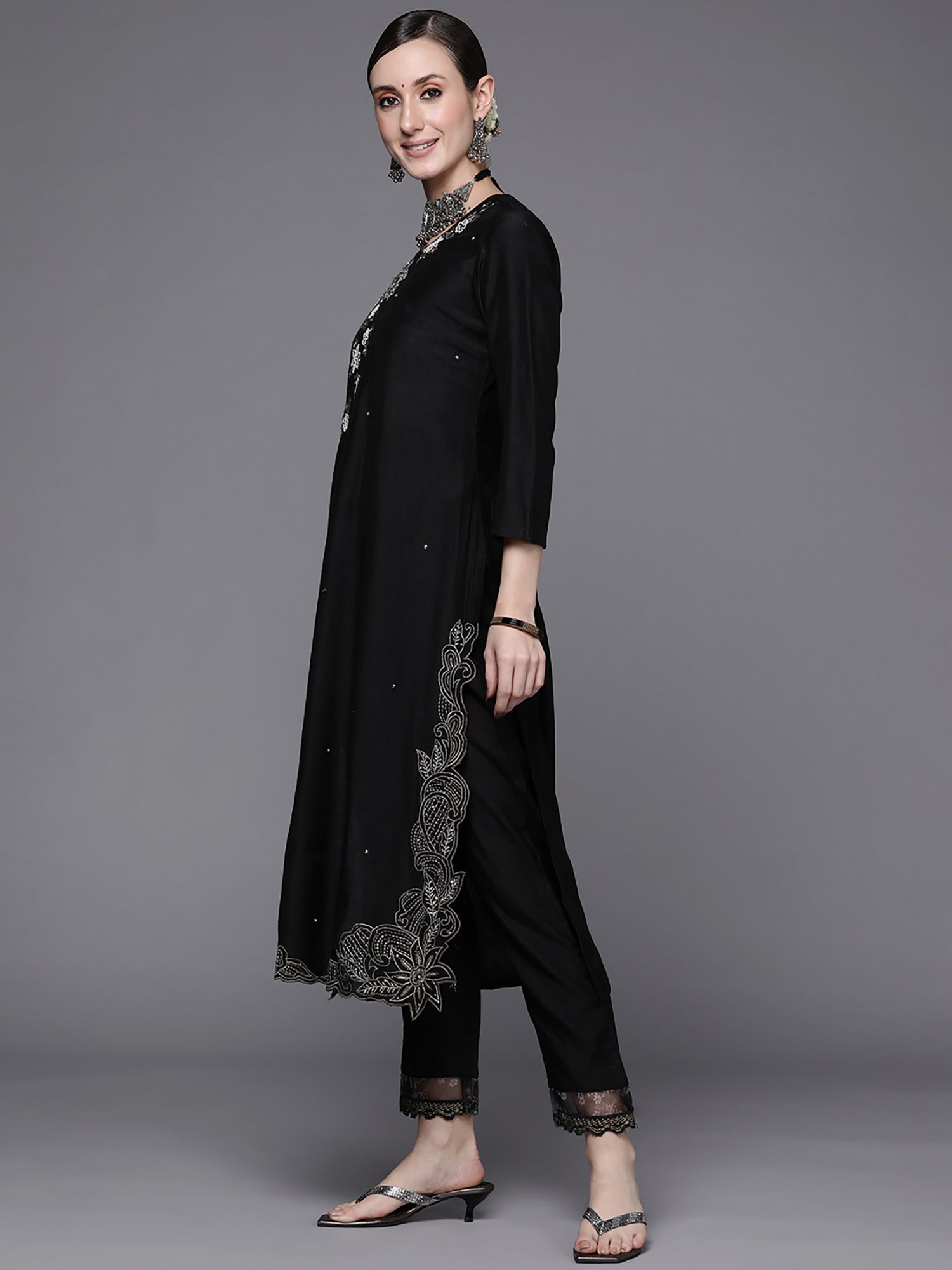 Black Embroidered Straight Kurta Trousers With Dupatta Set