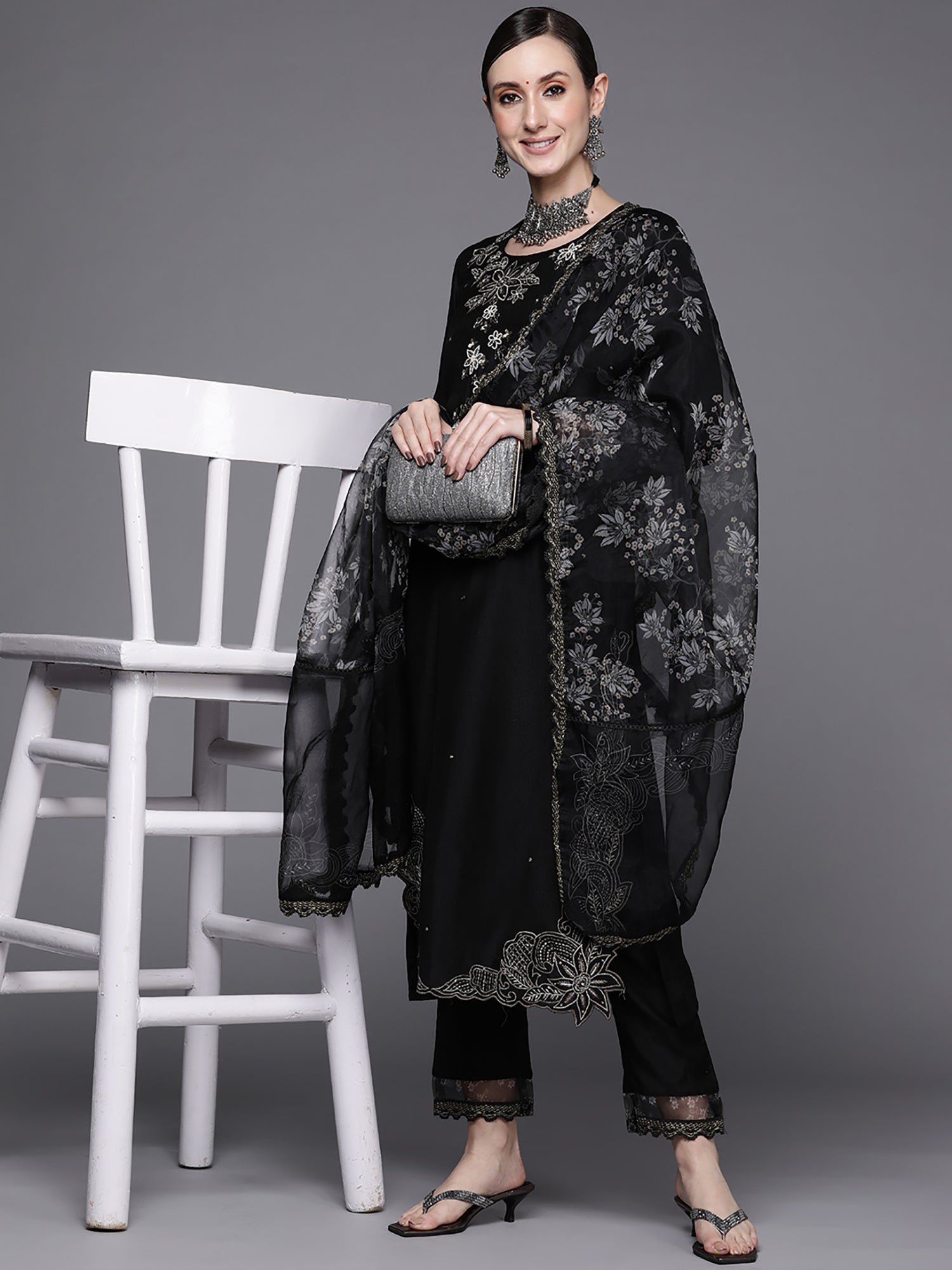 Black Embroidered Straight Kurta Trousers With Dupatta Set