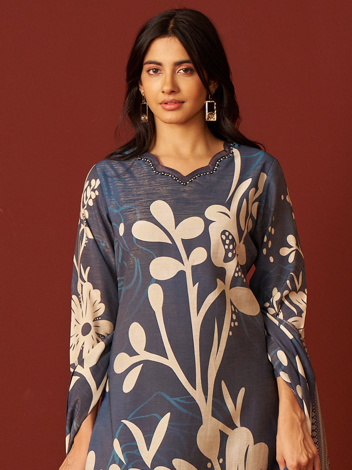 Indo era Blue Printed Straight Kurta Trousers With Dupatta Set- IE