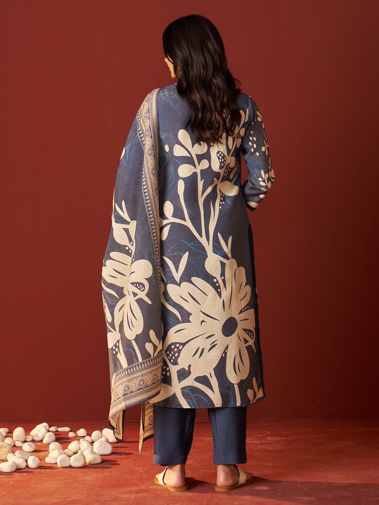 Indo era Blue Printed Straight Kurta Trousers With Dupatta Set- IE