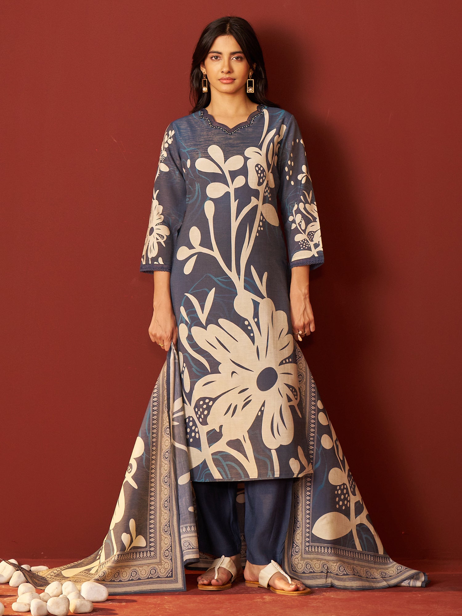 Indo era Blue Printed Straight Kurta Trousers With Dupatta Set- IE