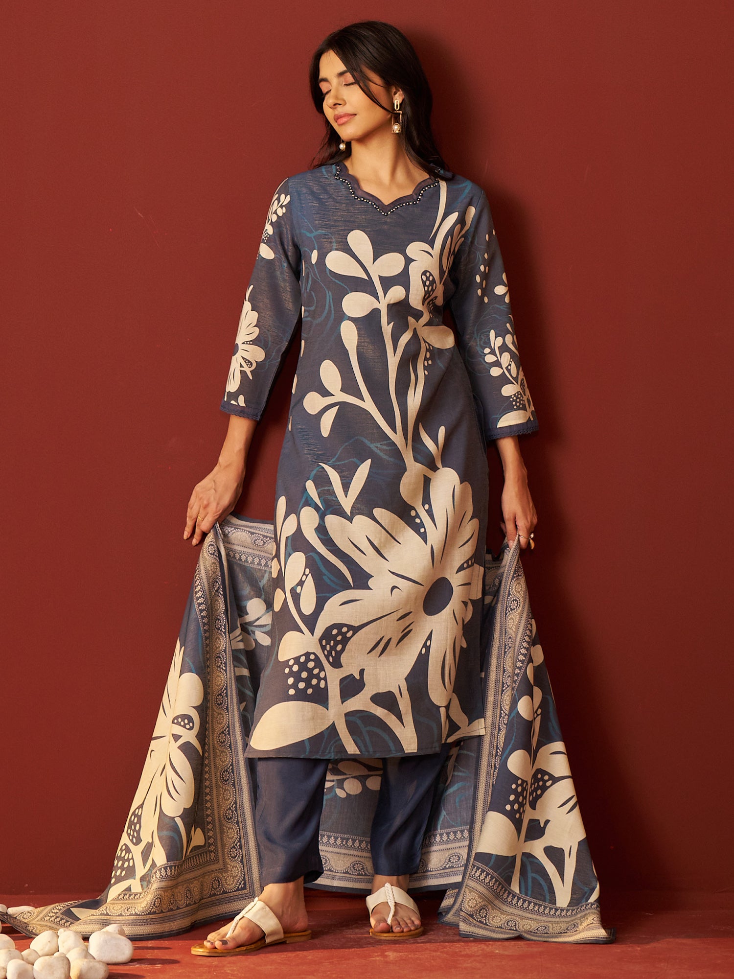 Indo era Blue Printed Straight Kurta Trousers With Dupatta Set- IE