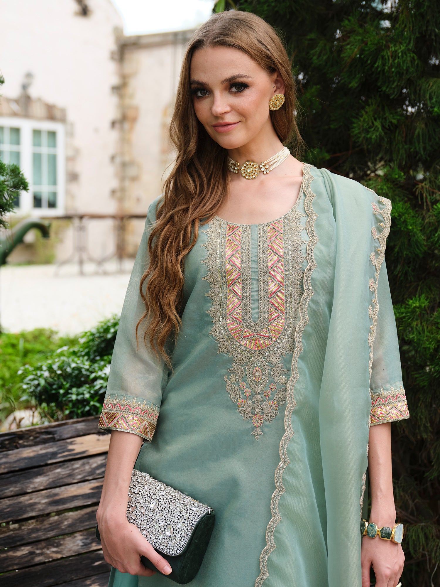 Indo Era Blue Embroidered Straight Kurta Trousers With Dupatta set- IE