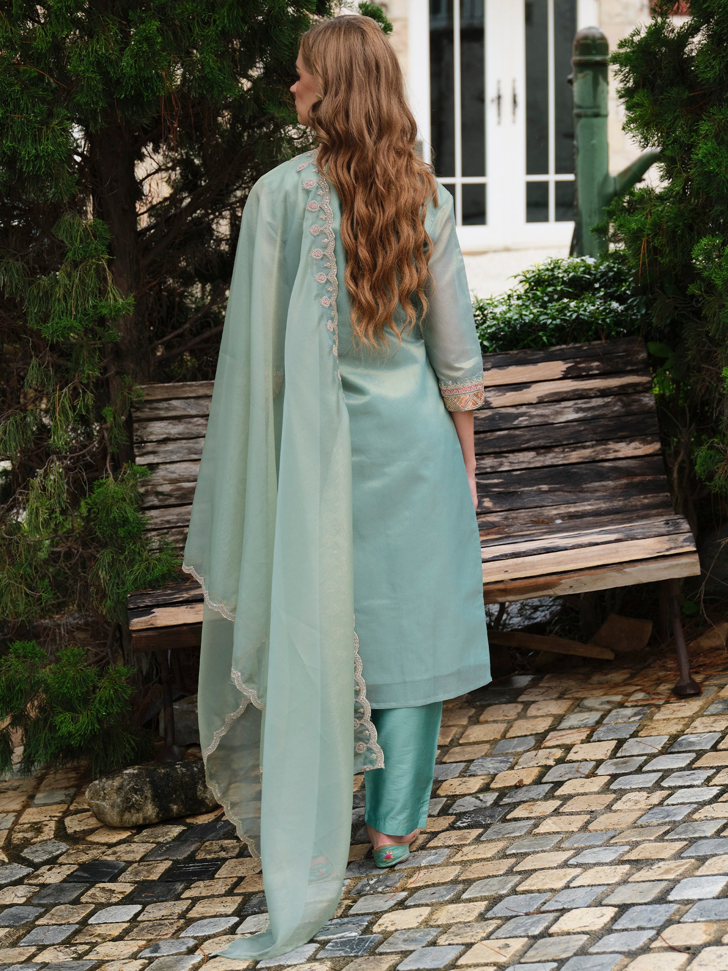 Indo Era Blue Embroidered Straight Kurta Trousers With Dupatta set- IE