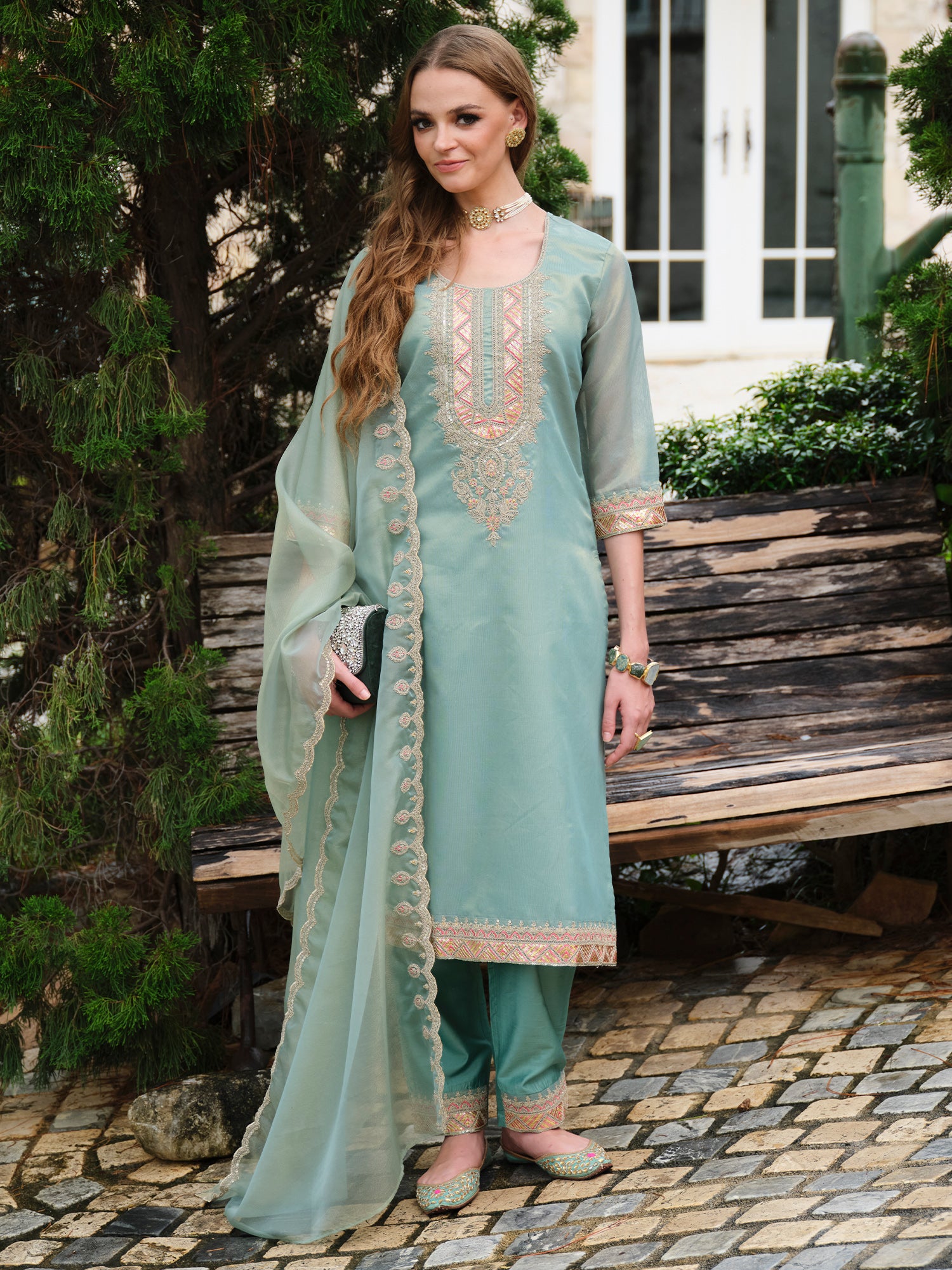 Indo Era Blue Embroidered Straight Kurta Trousers With Dupatta set- IE