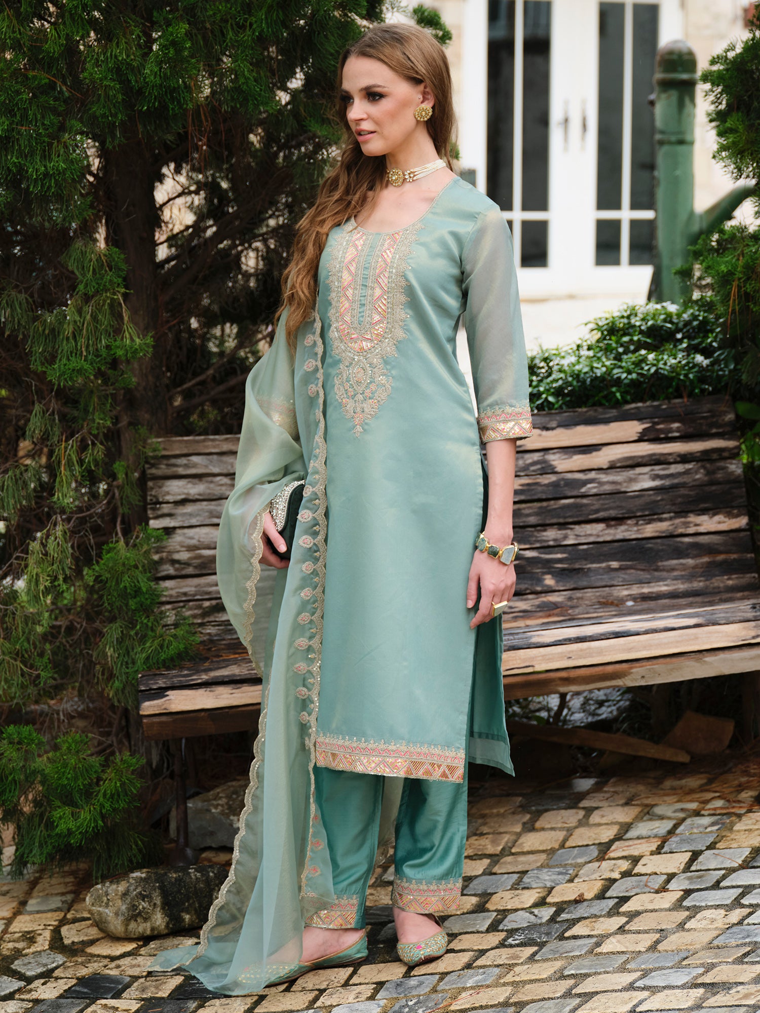 Indo Era Blue Embroidered Straight Kurta Trousers With Dupatta set- IE